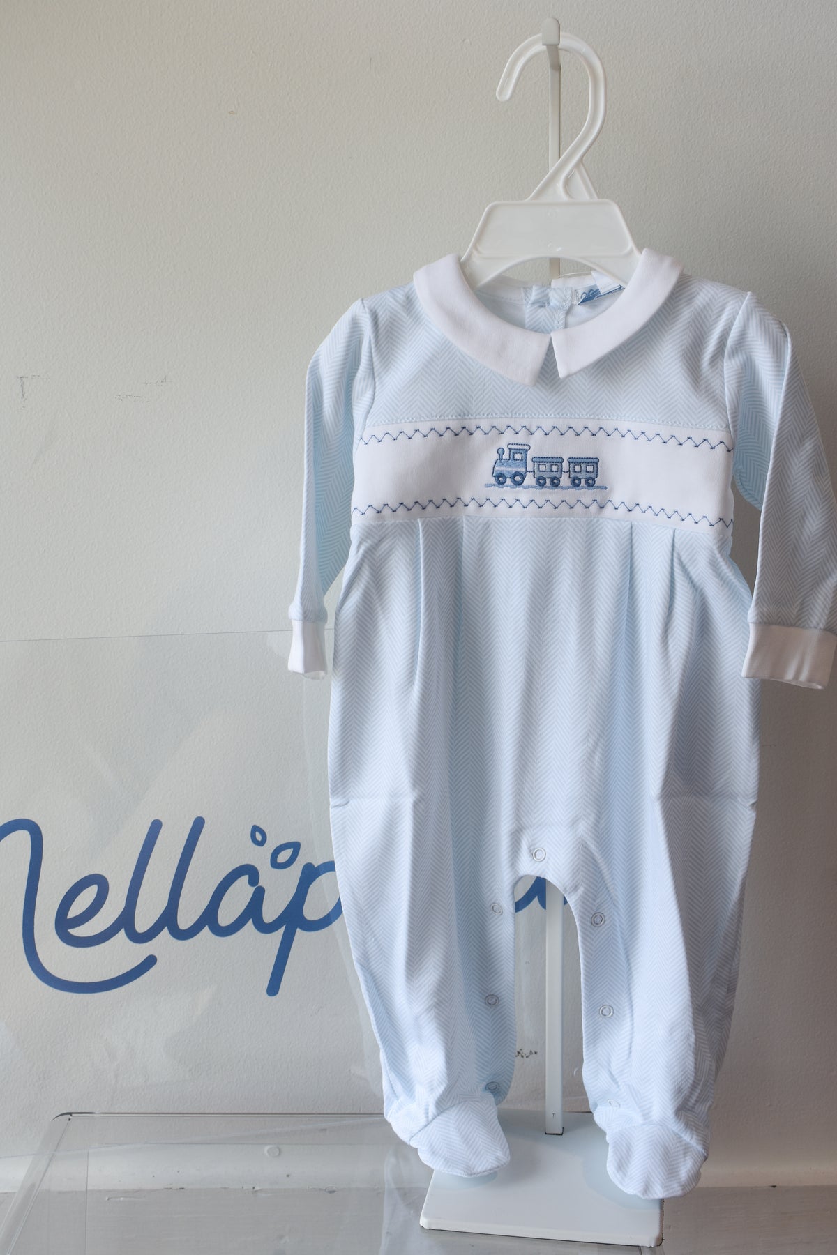 Blue Herringbone Train Embroidered Footie