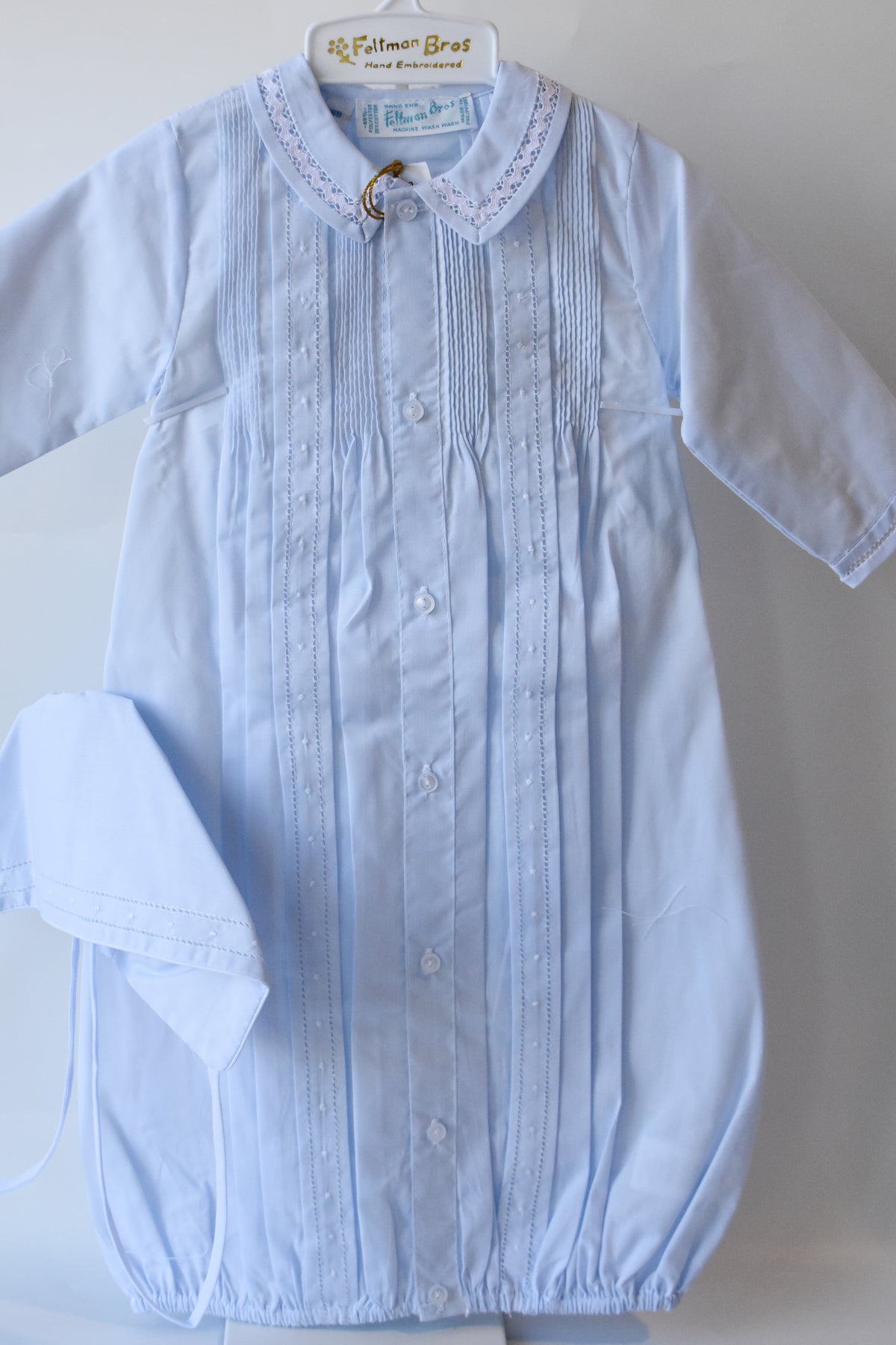 Boy's Pintuck "Take Me Home" Gown/Bonnet Set-Blue