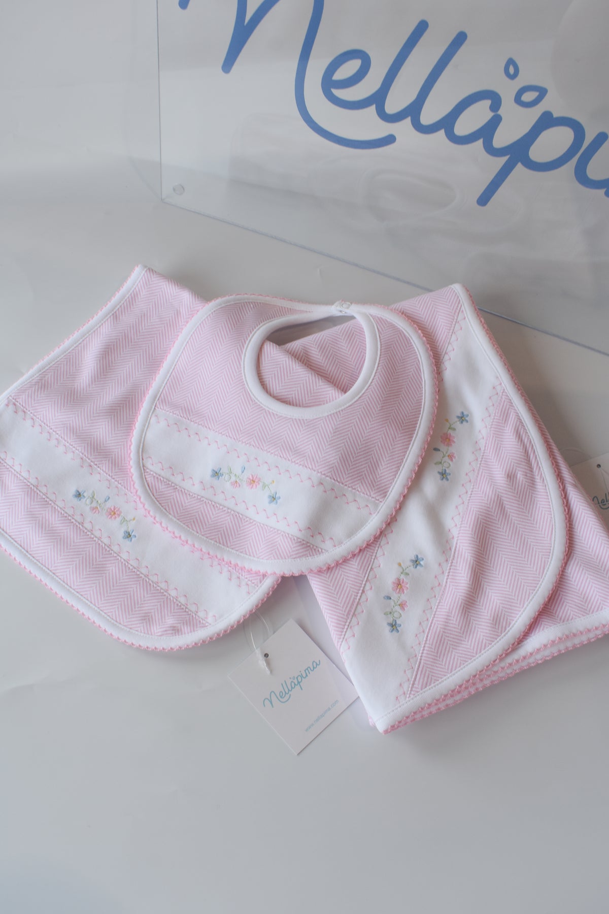 Pink Herringbone Floral Embroidered Bib
