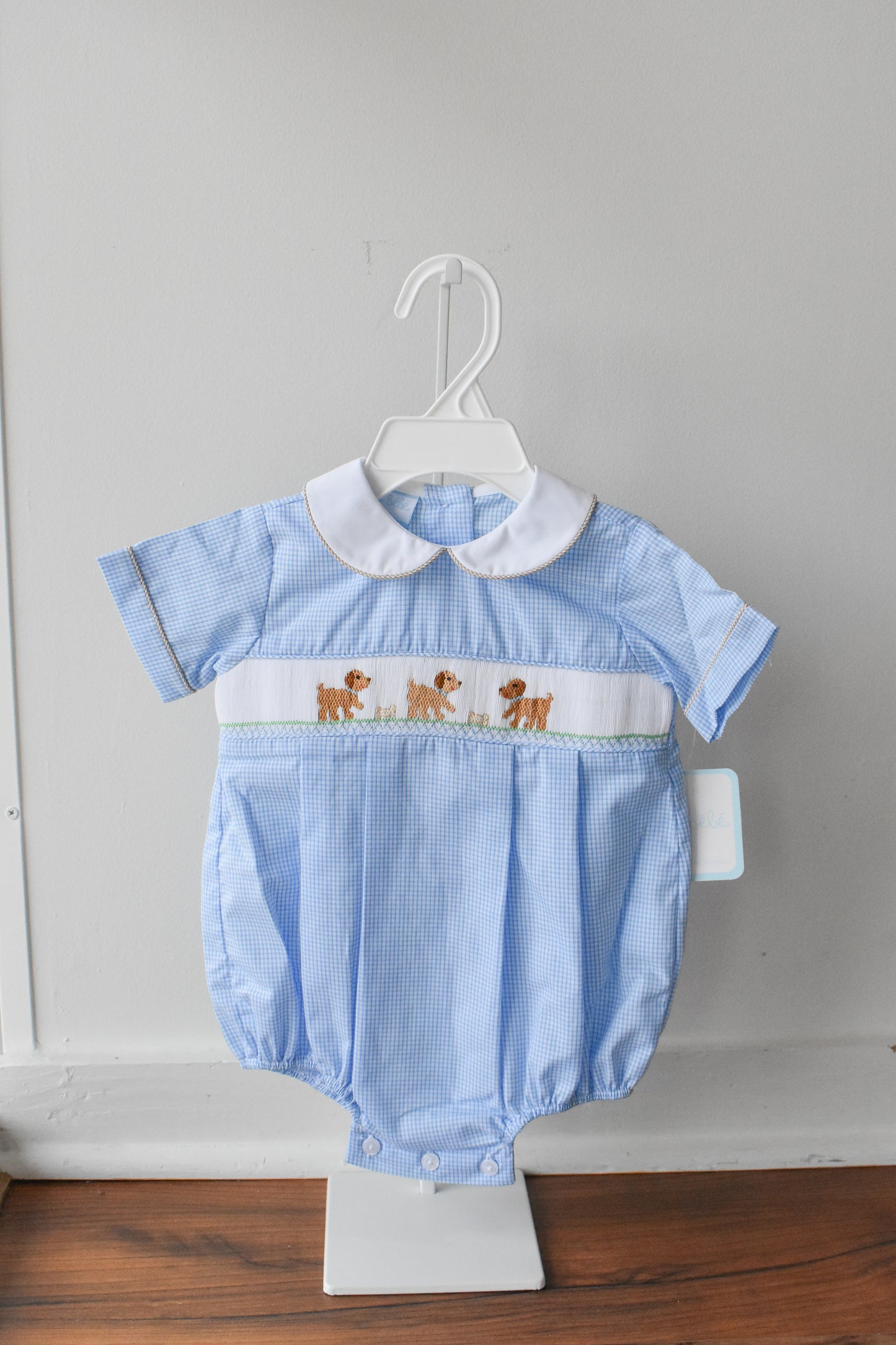 Petit Pups Blue Check Smocked Bubble