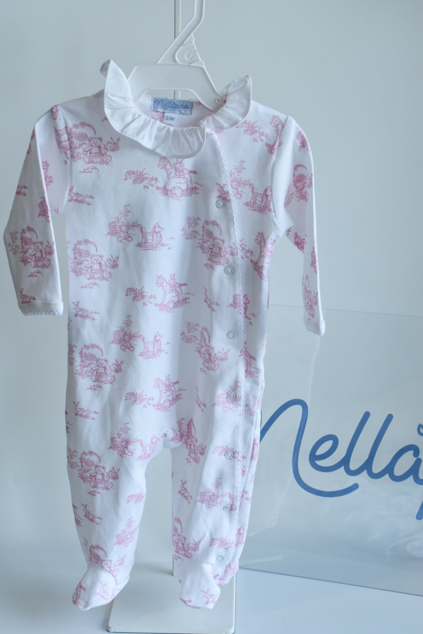 Classic Pink Toile Crossover Ruffled Footie
