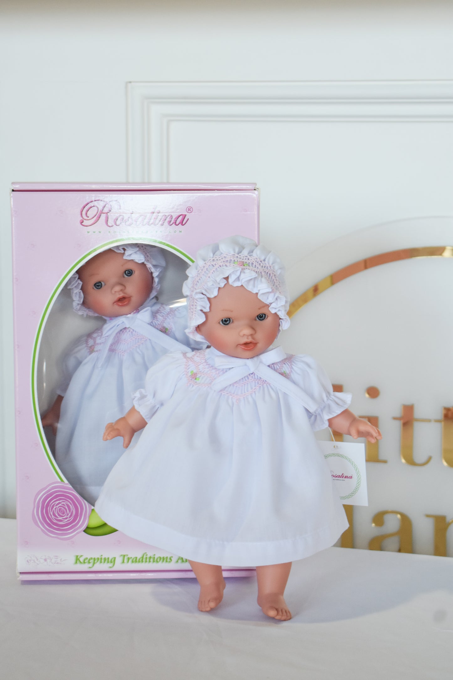 Abby Bald w/ Bonnet Doll-White Smocked Dress