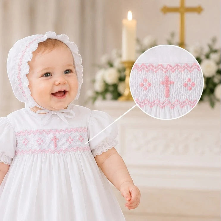 Long Bullion Cross Baby Girl Christening Gown/Bonnet Set