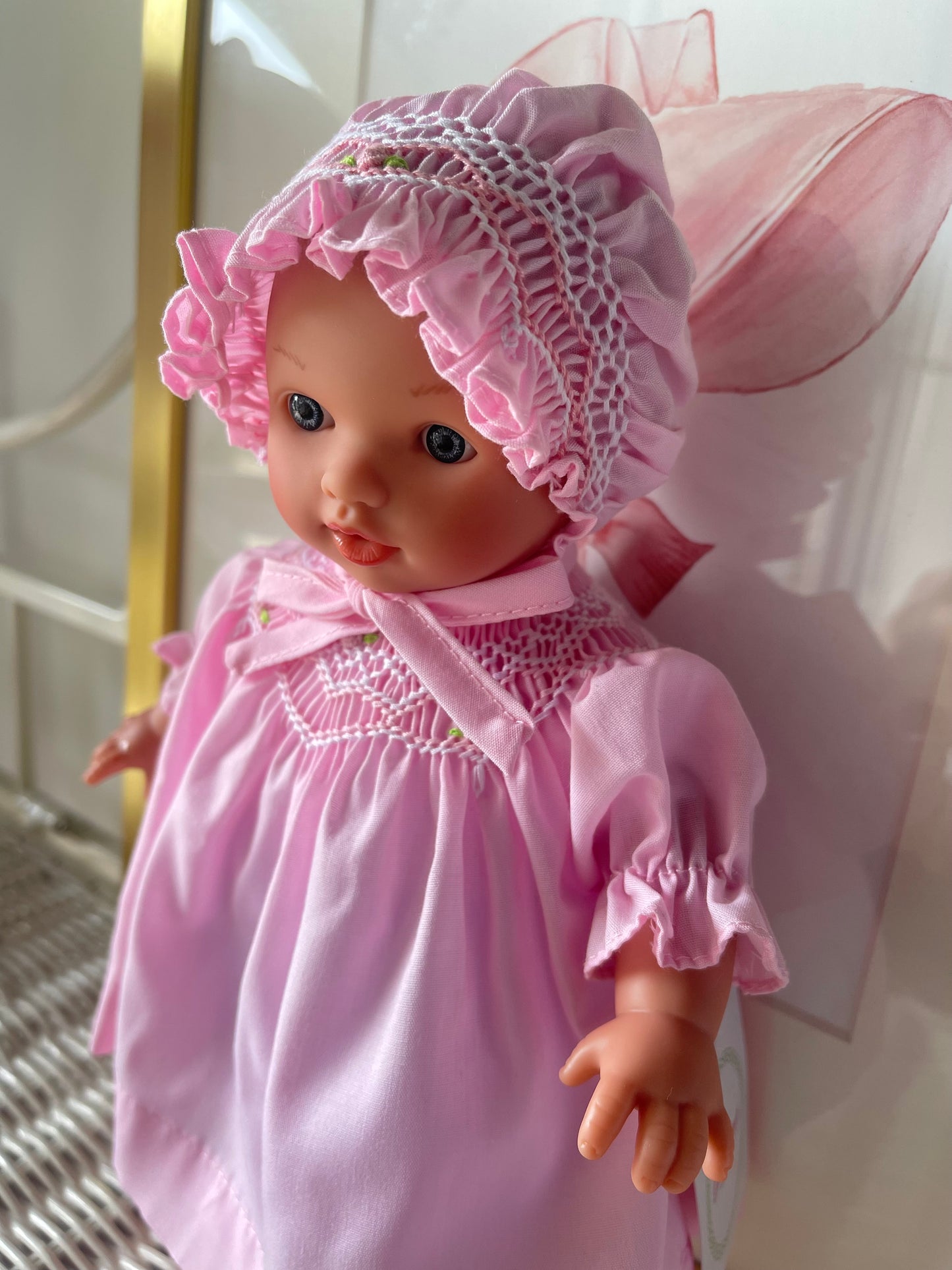 Bald Doll-Pink Smocked Dress/Bonnet