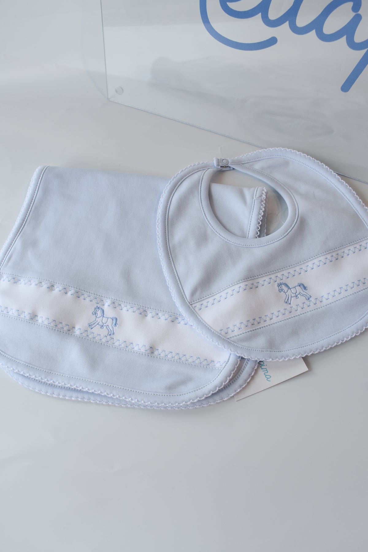 Blue Rocking Horse Embroidered Bib