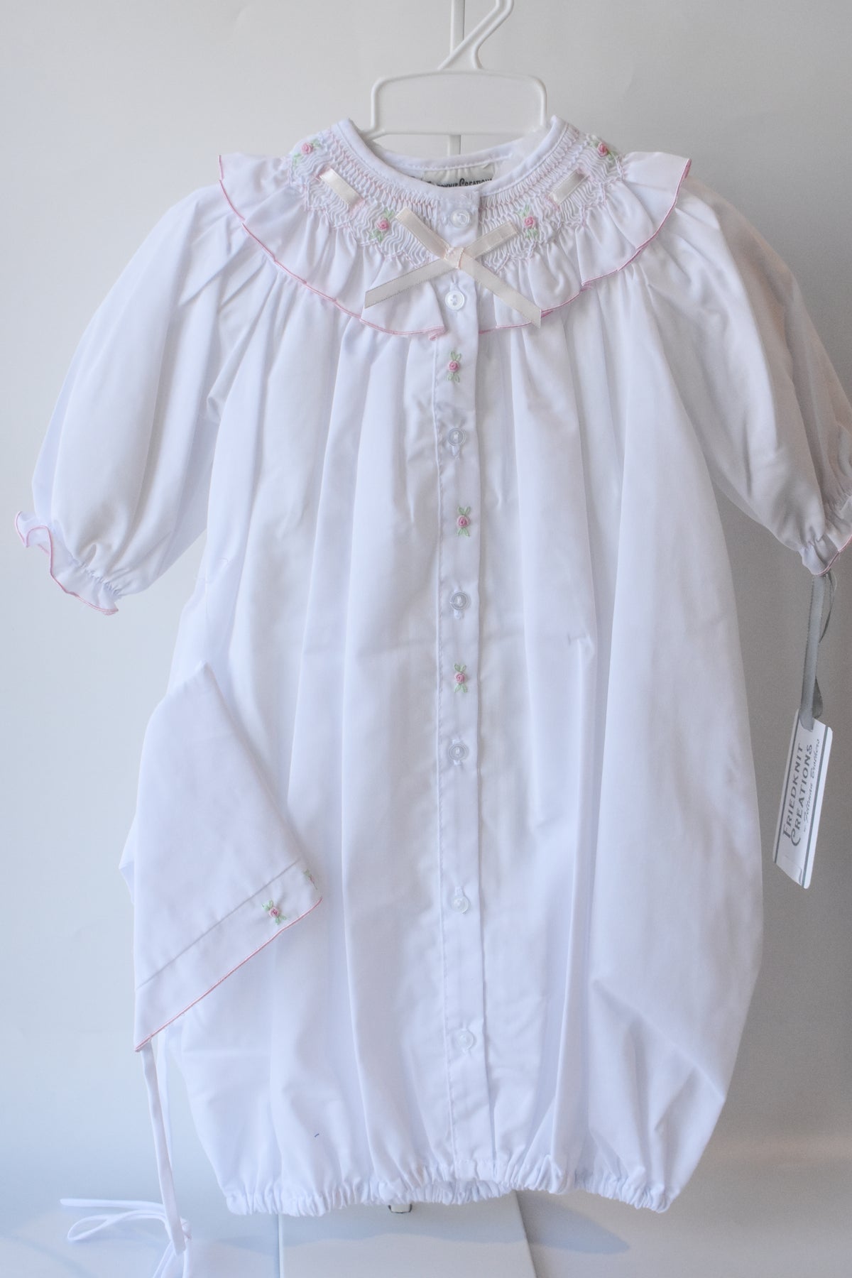 White Ribbon Ruffle Smocked Take Me Home Gown/Bonnet Set