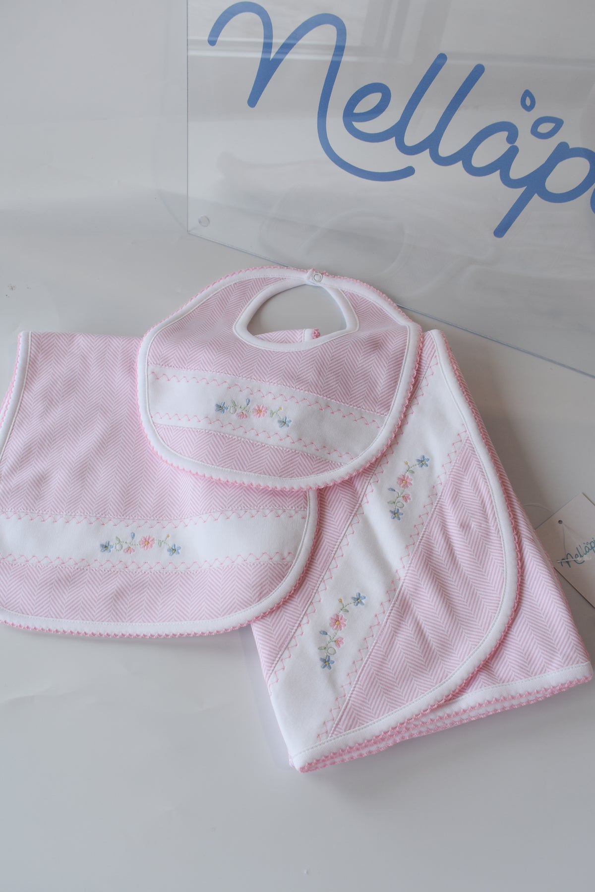 Pink Herringbone Floral Embroidered Bib
