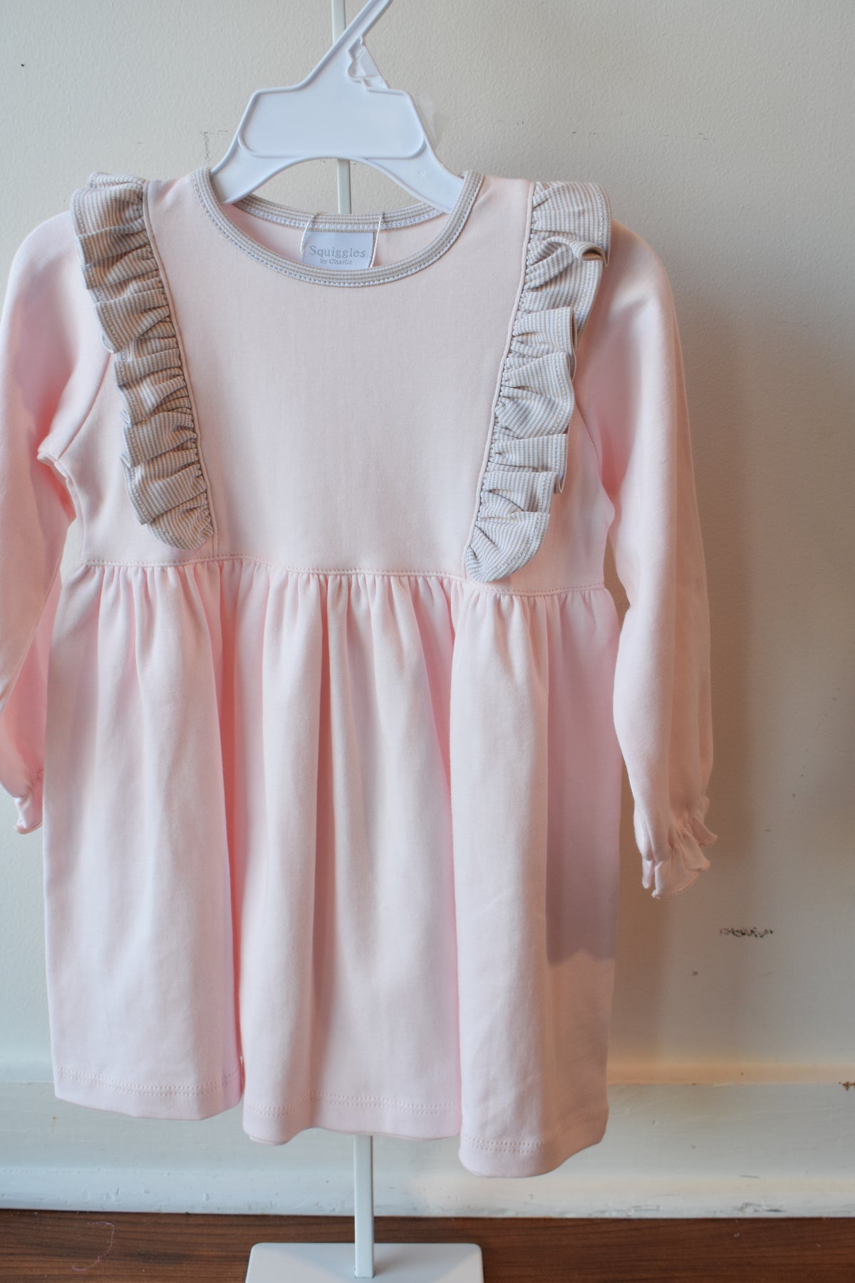 Fall Mini Stripe Pink Long Sleeve Ruffle Dress