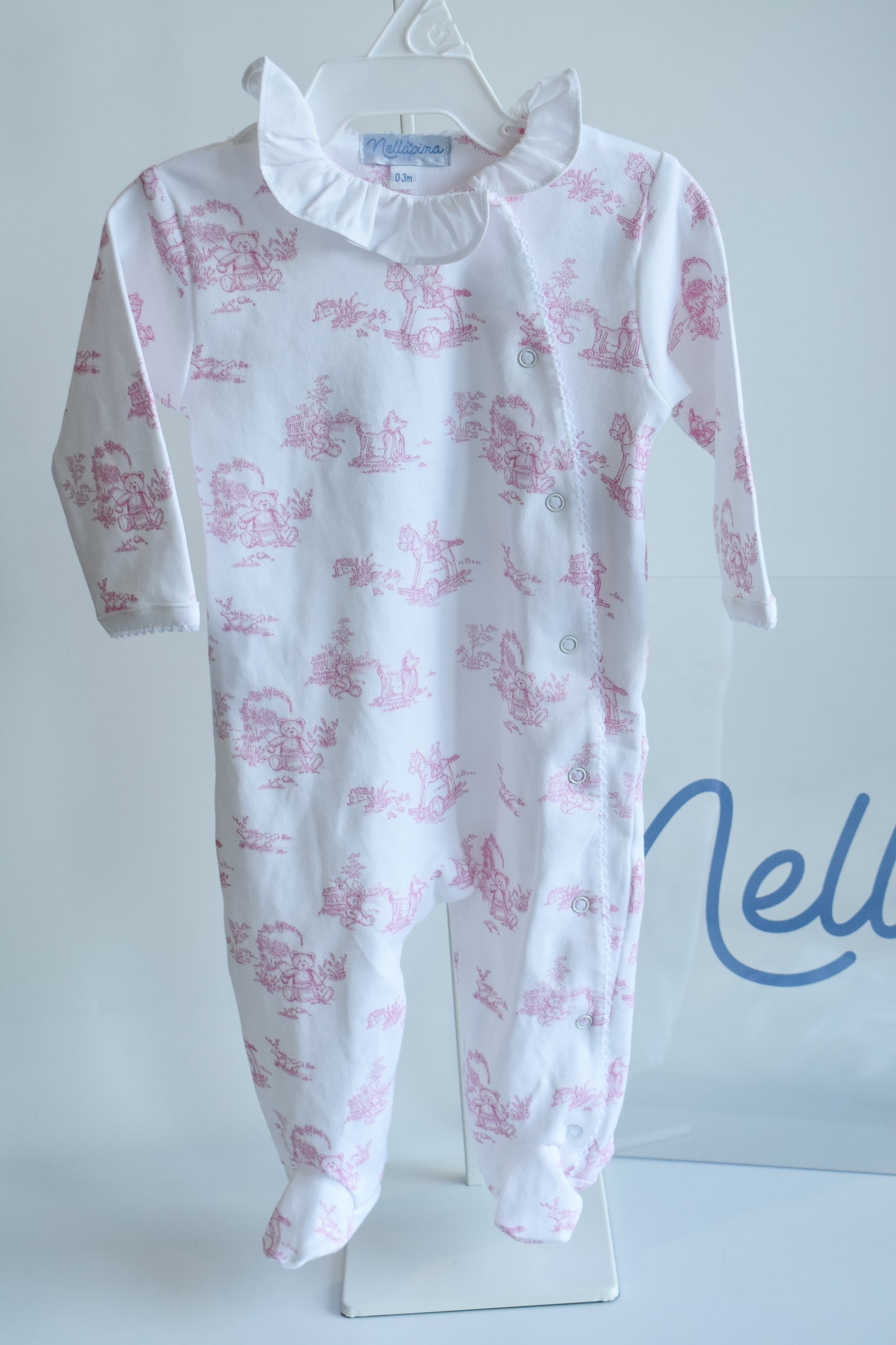 Classic Pink Toile Crossover Ruffled Footie