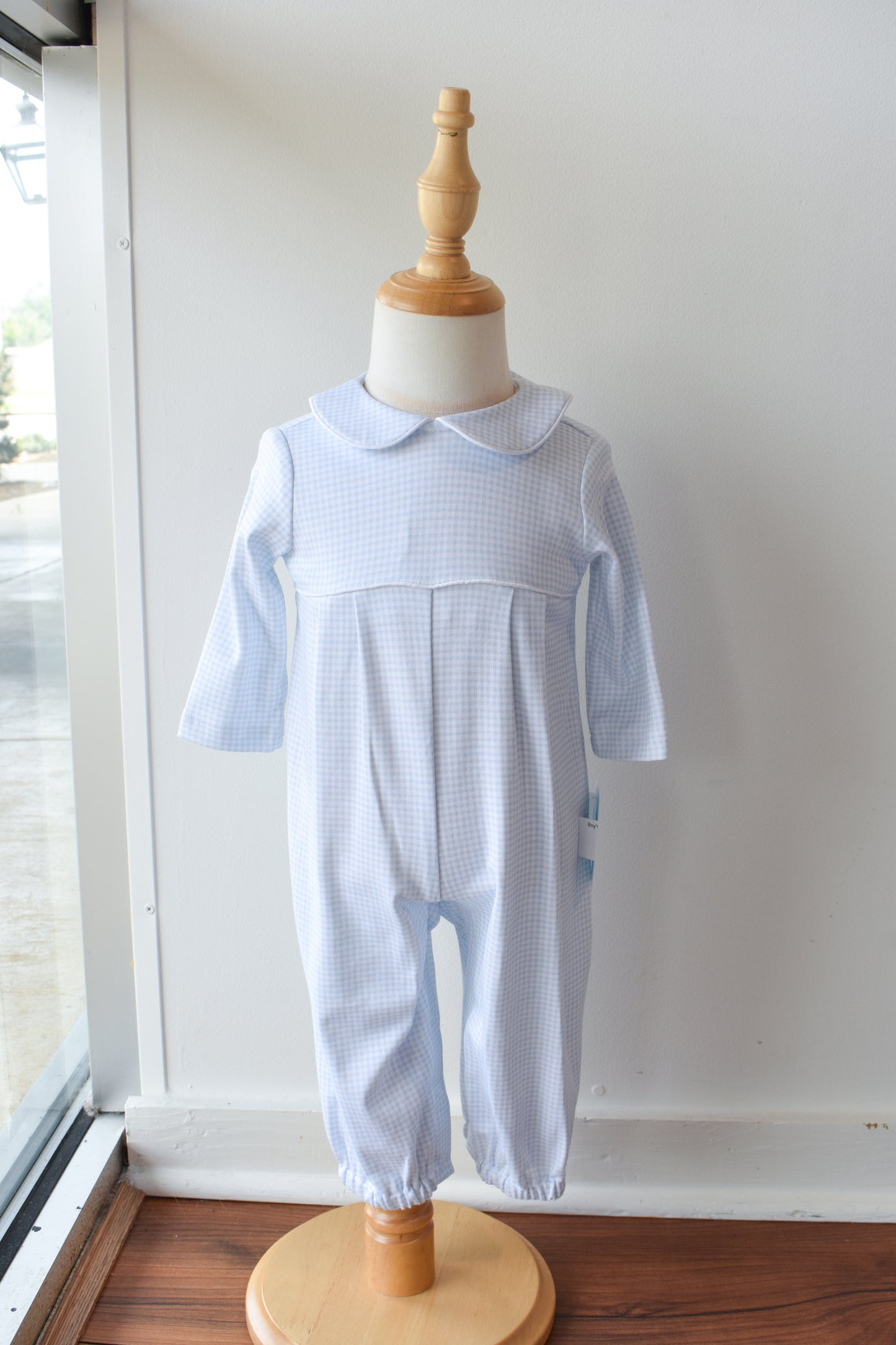 Bebe Blue Gingham Knit Long Sleeve Romper