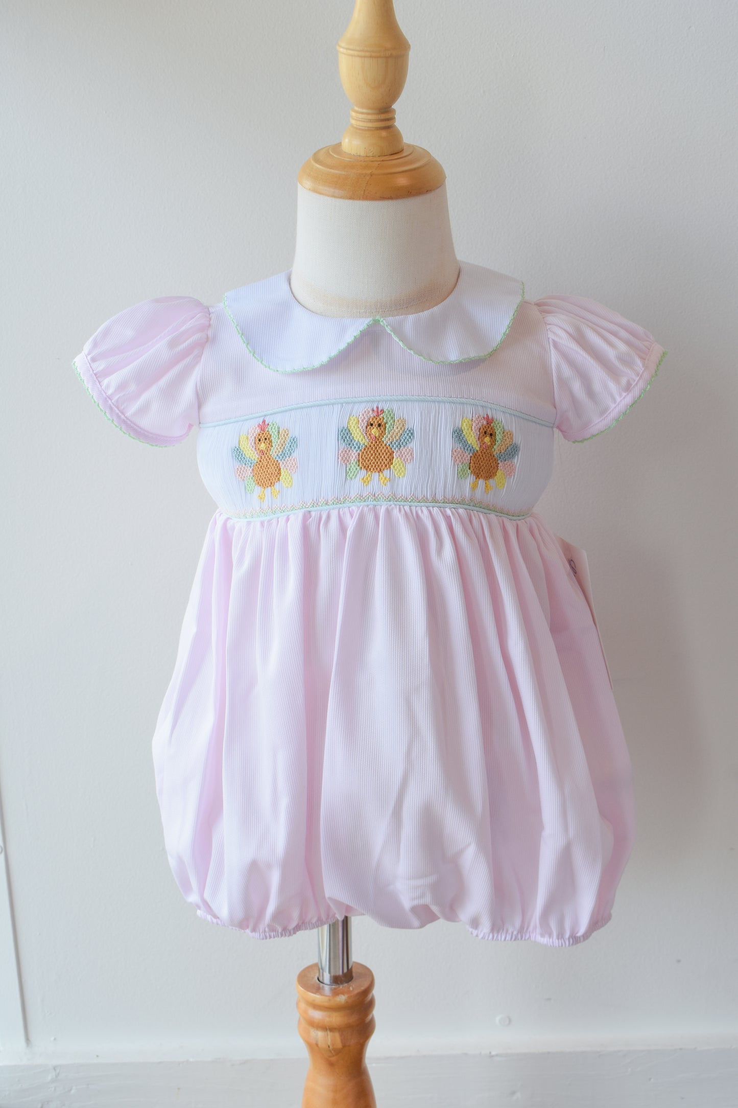Rosie’s Colorful Turkeys Smocked Collared Bubble