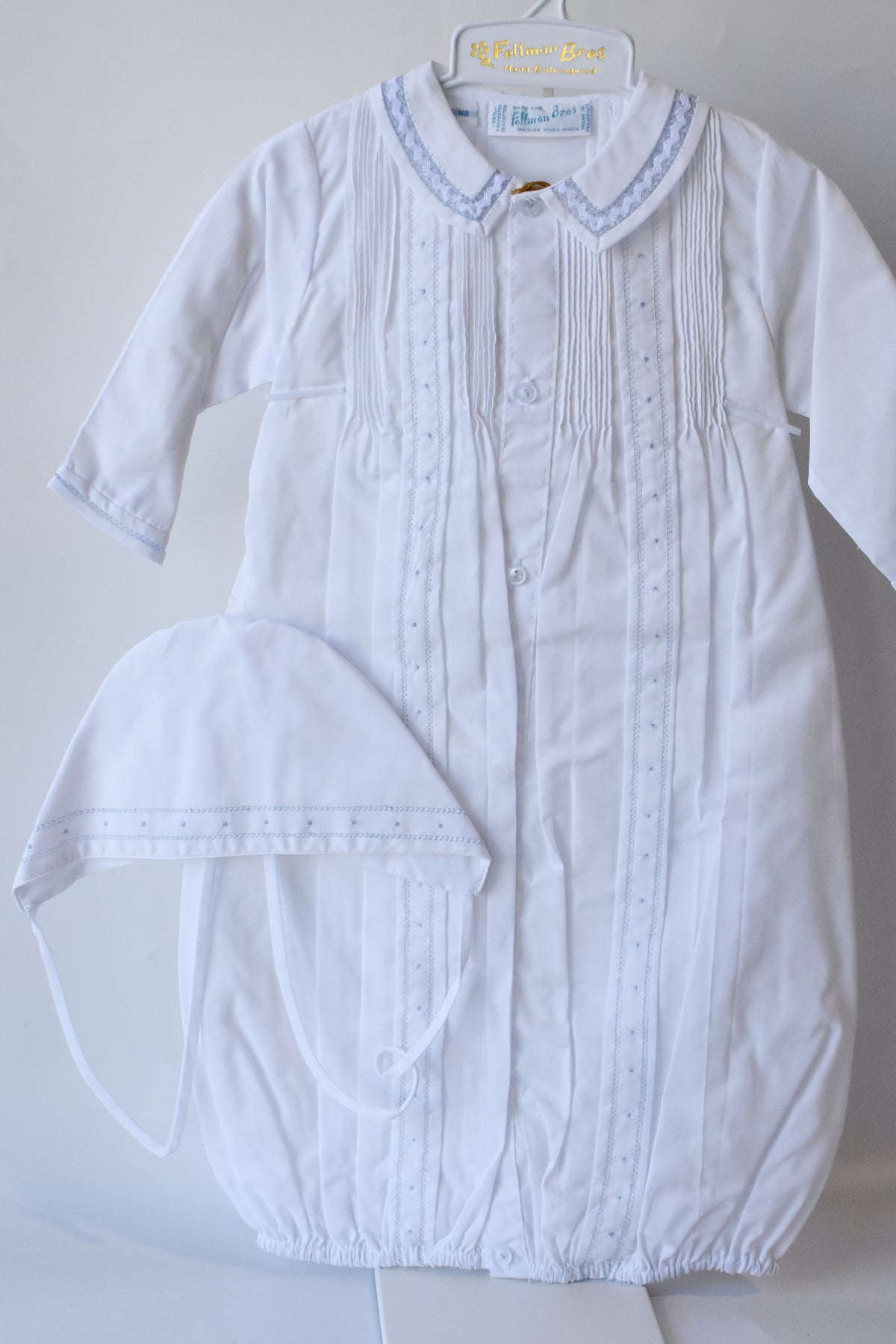 Boy's Pintuck "Take Me Home" Gown/Bonnet Set-White