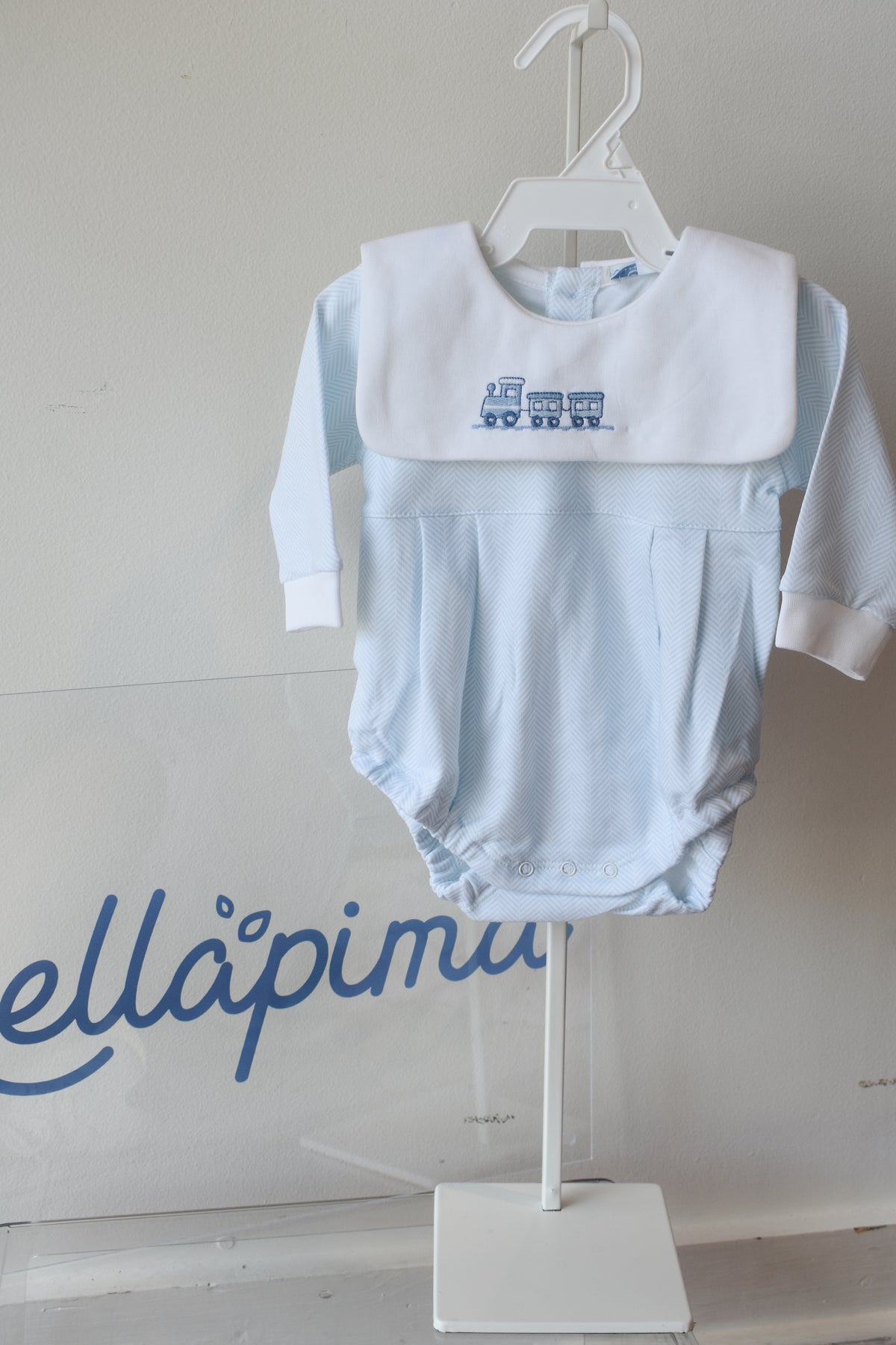 Blue Herringbone Train Embroidered Bubble