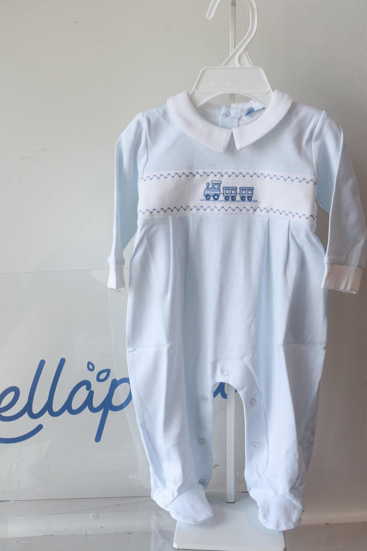 Blue Herringbone Train Embroidered Footie