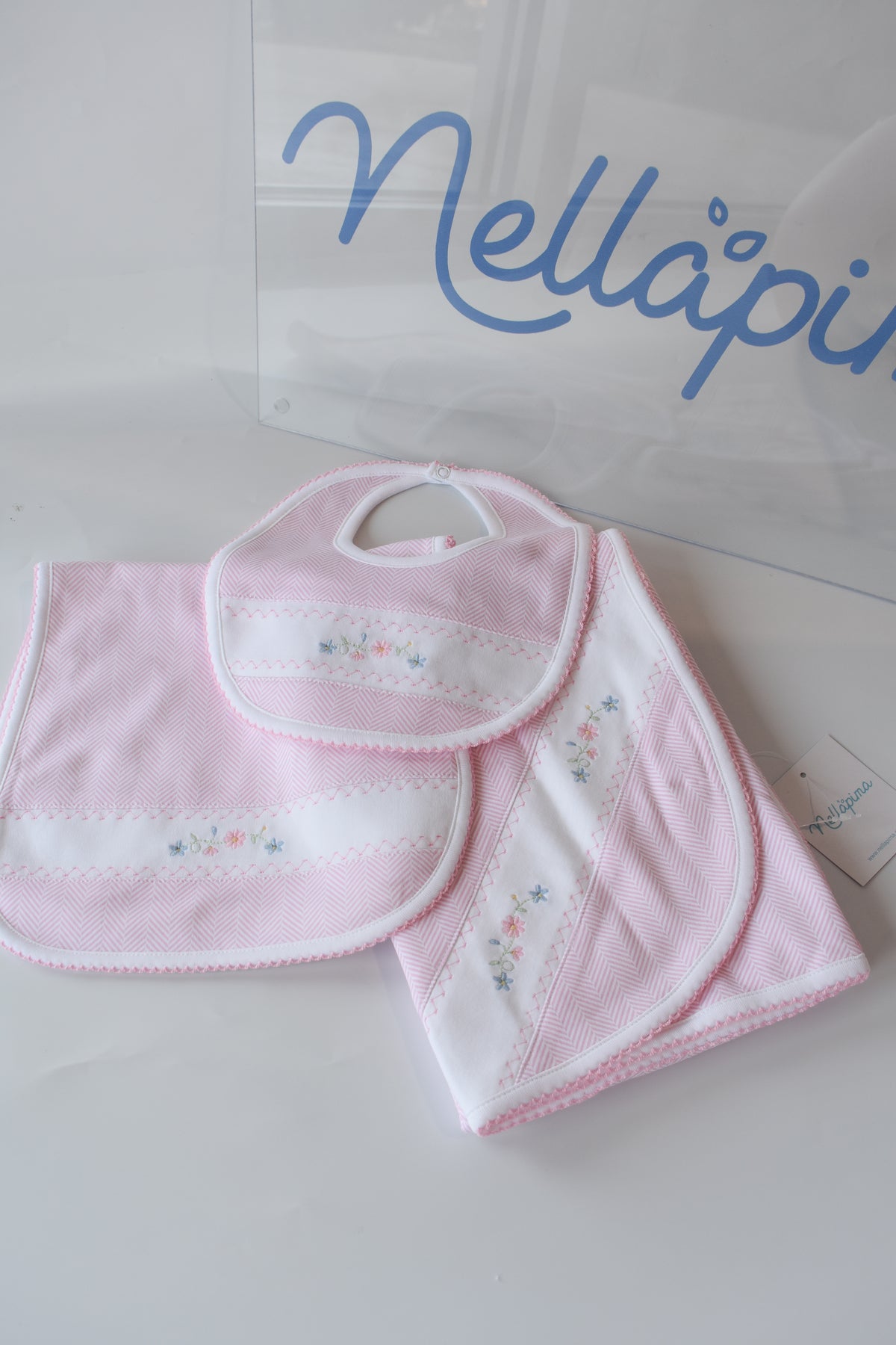 Pink Herringbone Floral Embroidered Bib