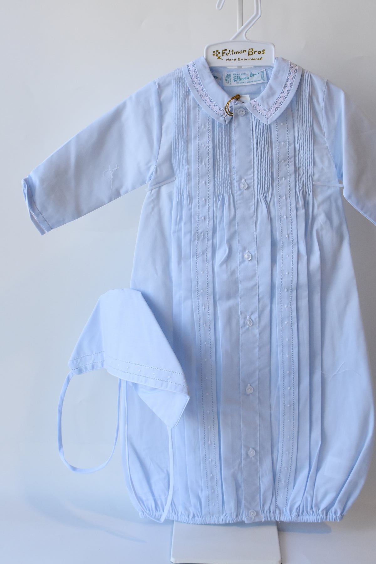 Boy's Pintuck "Take Me Home" Gown/Bonnet Set-Blue