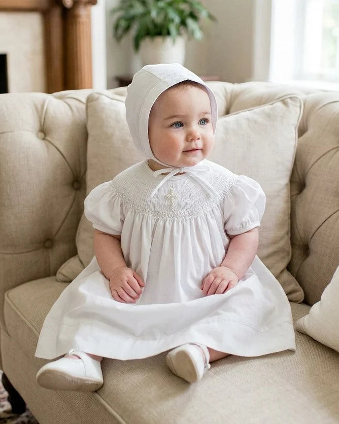 Hand Smocked Pearl Cross Bishop Dress/Bonnet Set