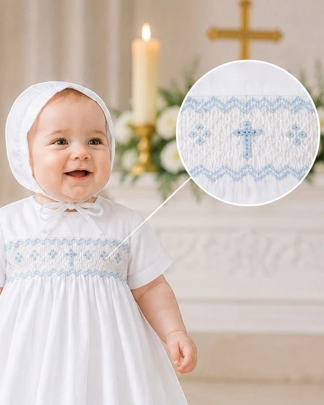 Long Bullion Cross Baby Boy Christening Gown/Bonnet Set