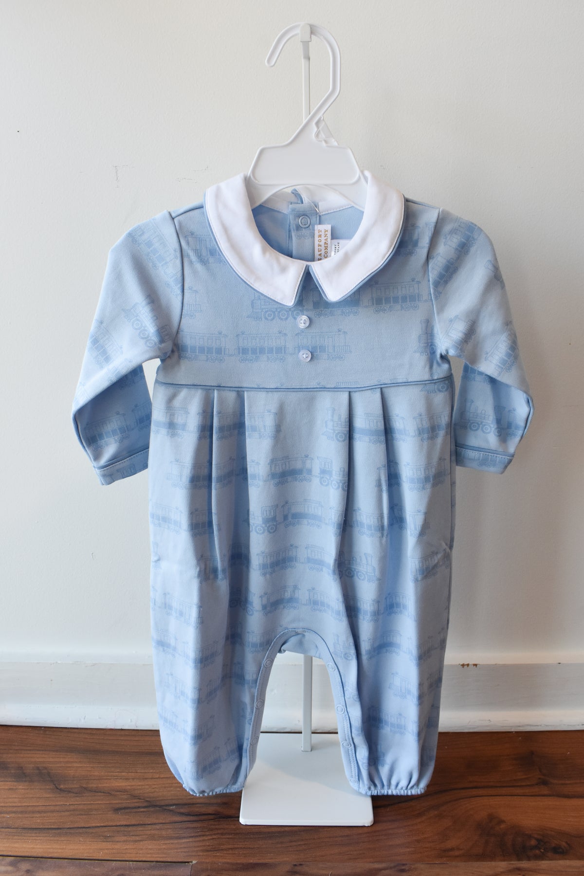 Long Sleeve Knit Bradford Romper-Blue Choo Choos