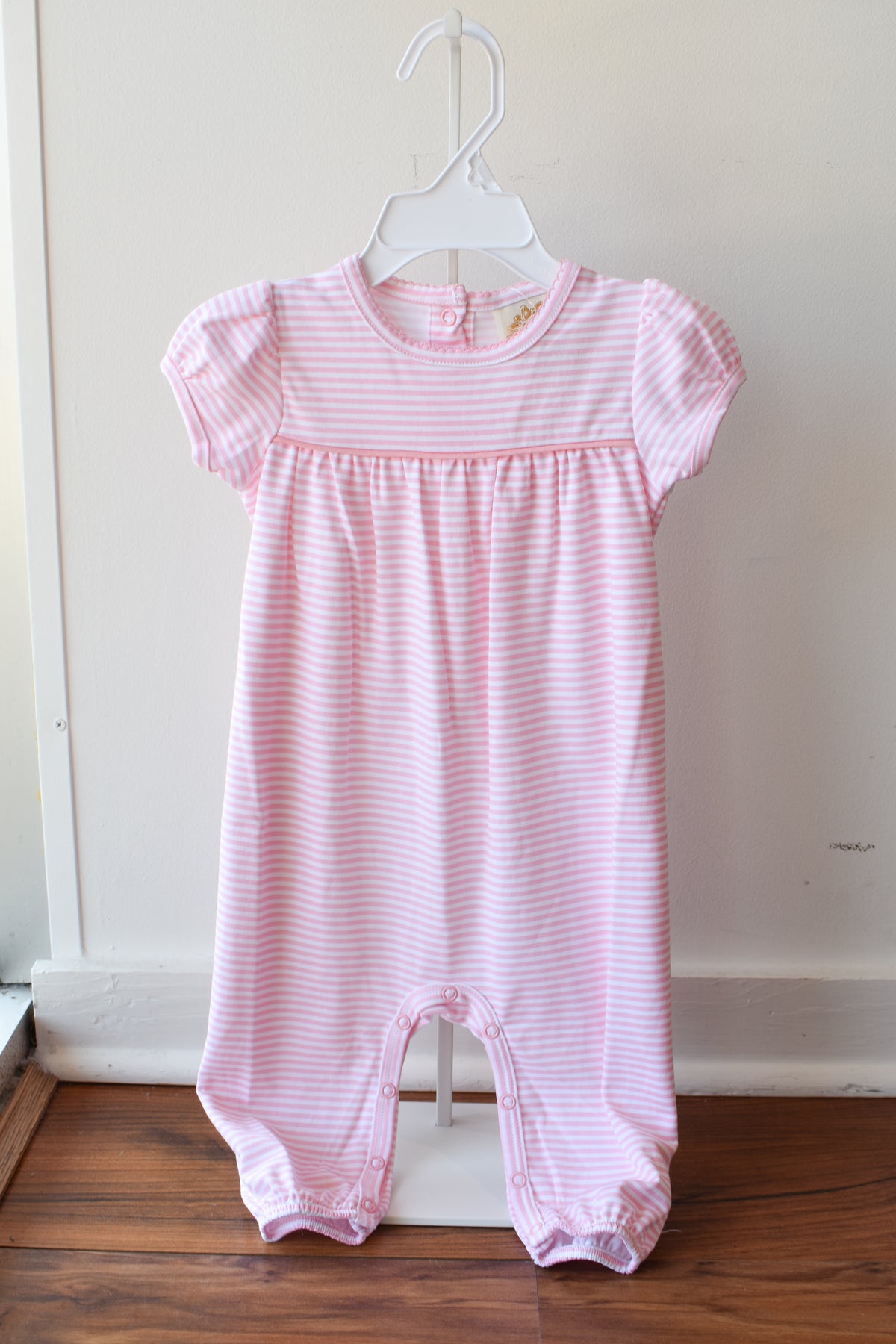 Short Sleeve Ramona Ruffle Romper-Sandpearl Stripe
