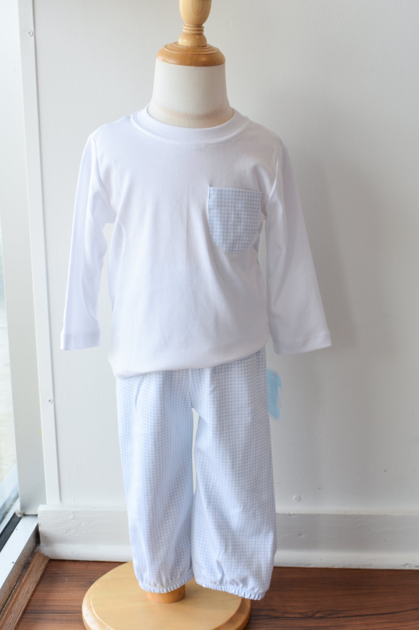 Bebe Blue Gingham Knit Pocket Tee Pant Set