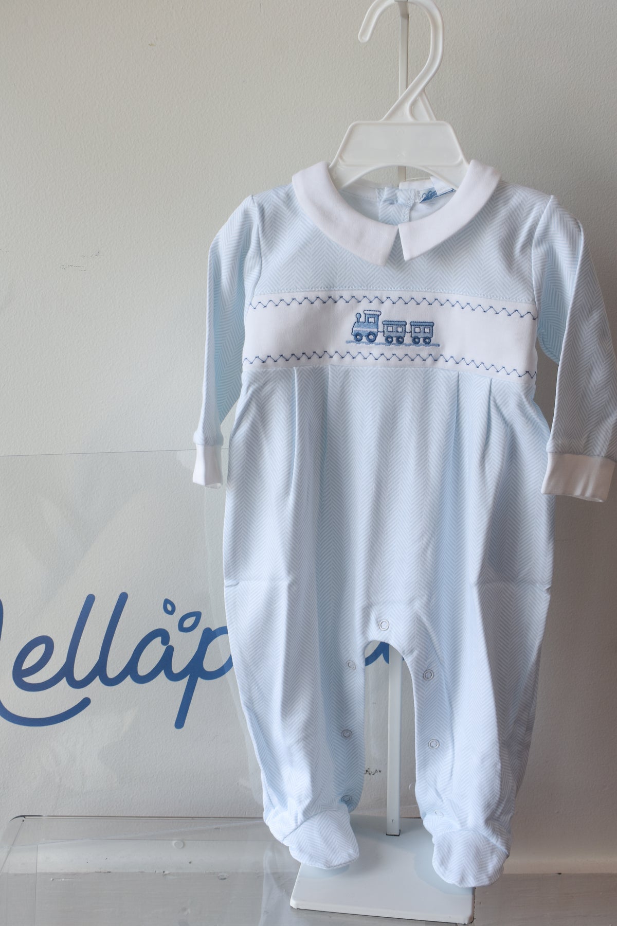 Blue Herringbone Train Embroidered Footie