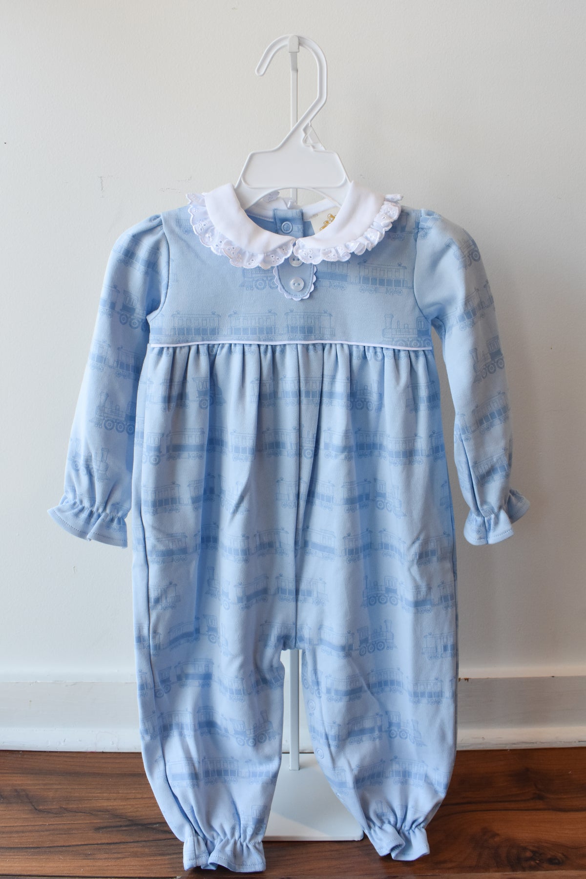Long Sleeve Mary Dal Knit Romper-Blue Choo Choos