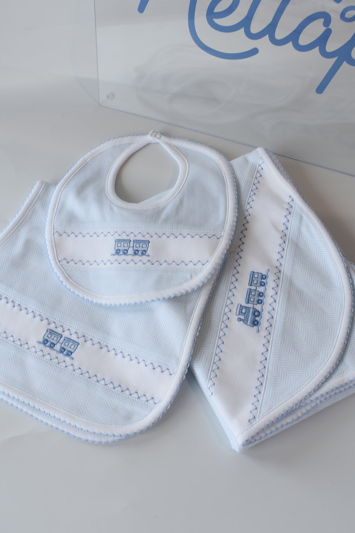 Blue Herringbone Train Embroidered Blanket