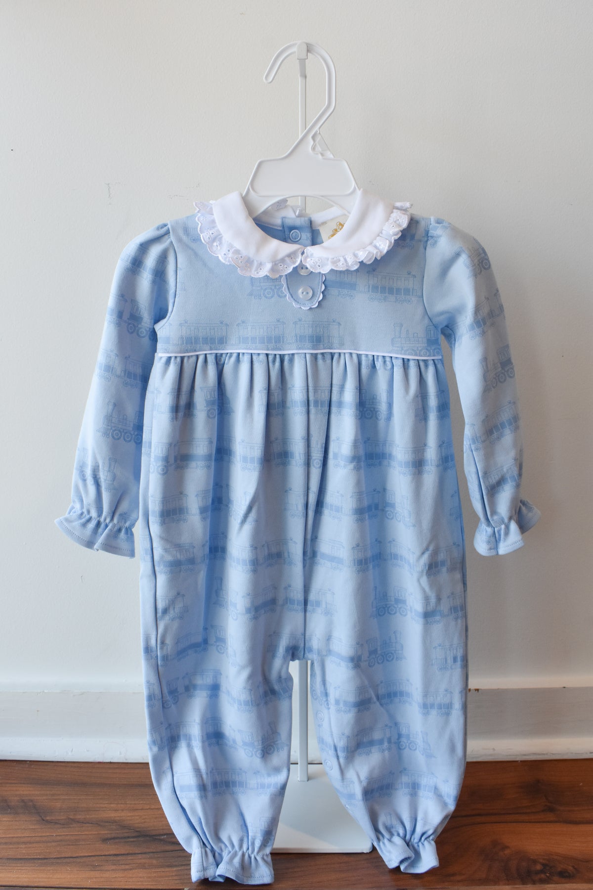 Long Sleeve Mary Dal Knit Romper-Blue Choo Choos