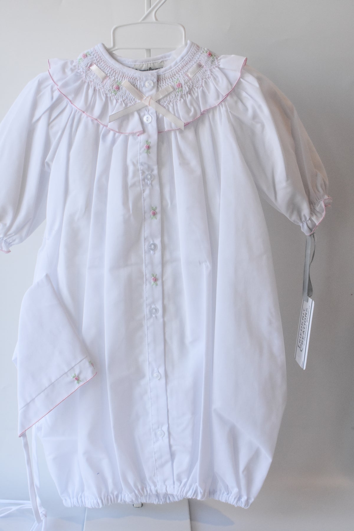White Ribbon Ruffle Smocked Take Me Home Gown/Bonnet Set