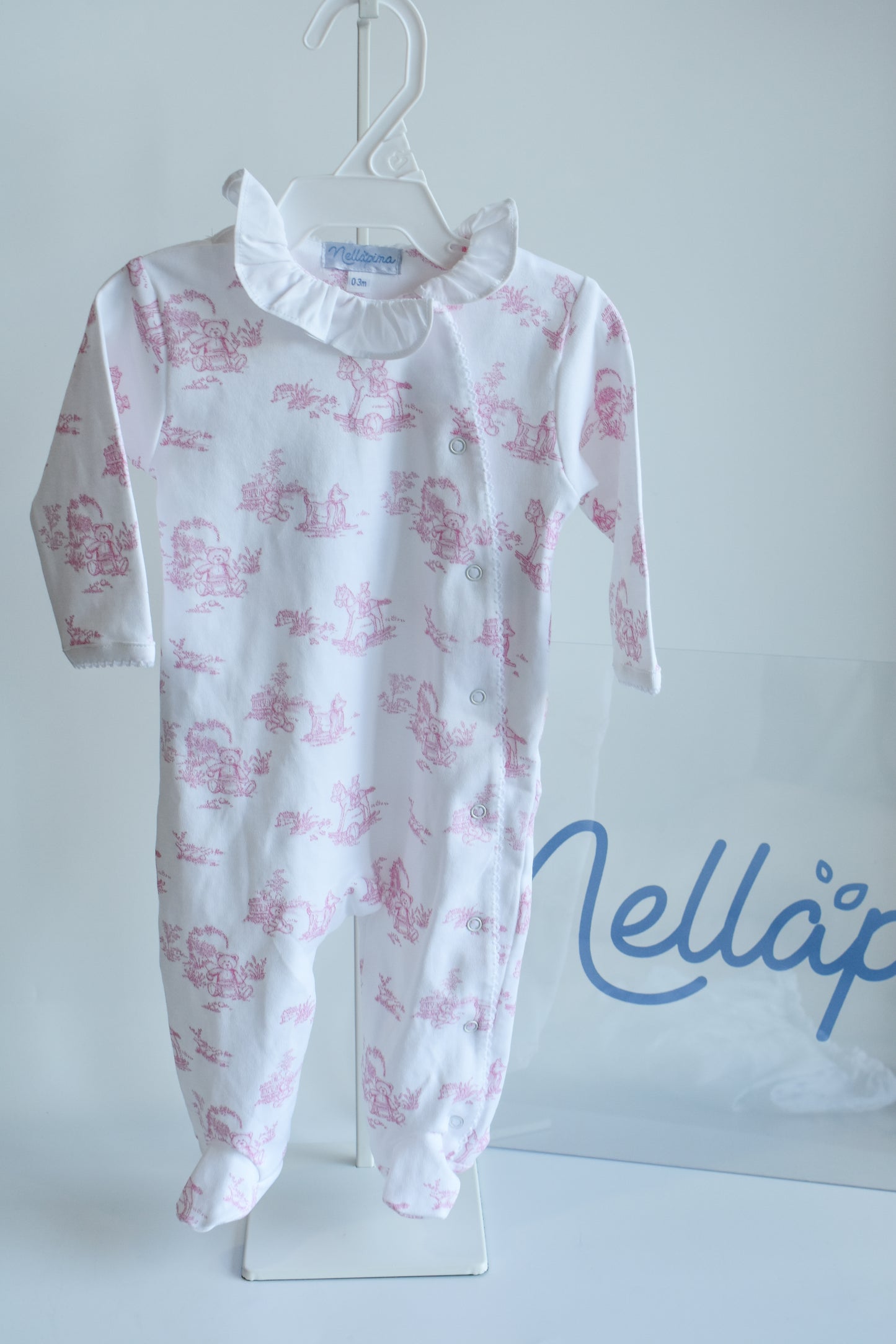 Classic Pink Toile Crossover Ruffled Footie