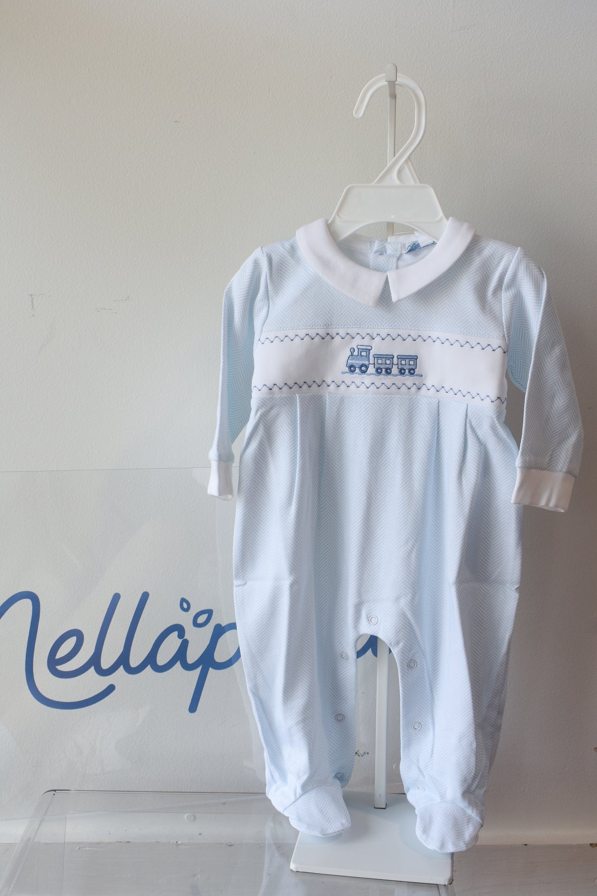 Blue Herringbone Train Embroidered Footie