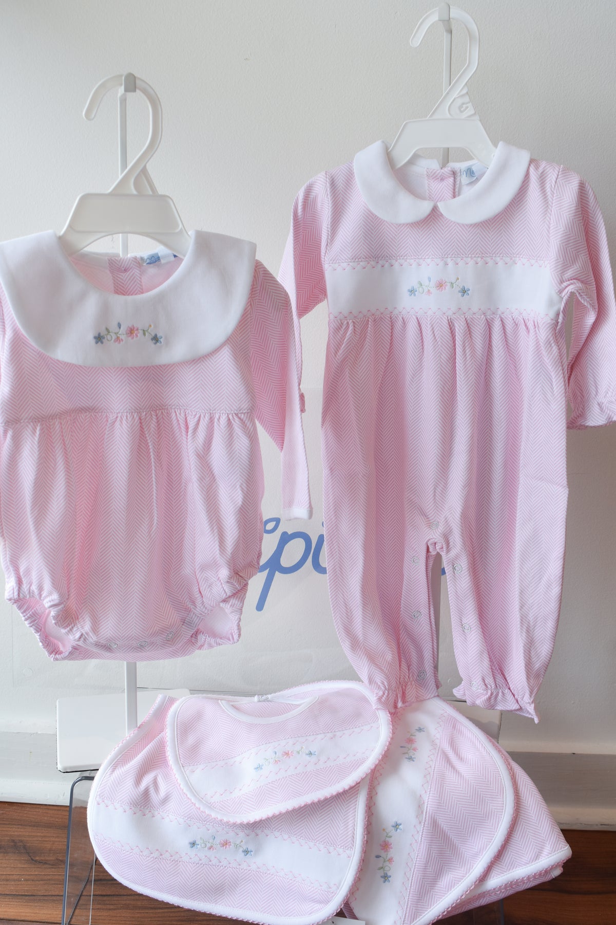 Pink Herringbone Floral Embroidered Bib