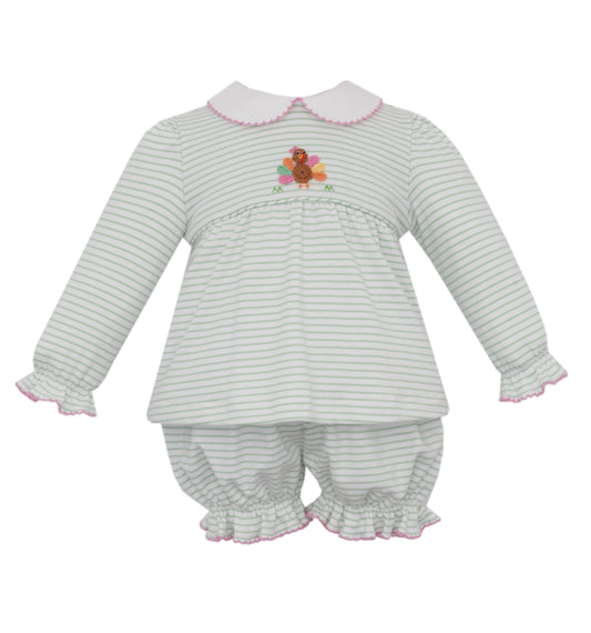 Girly Gobble Green Stripe Knit Bloomer Set