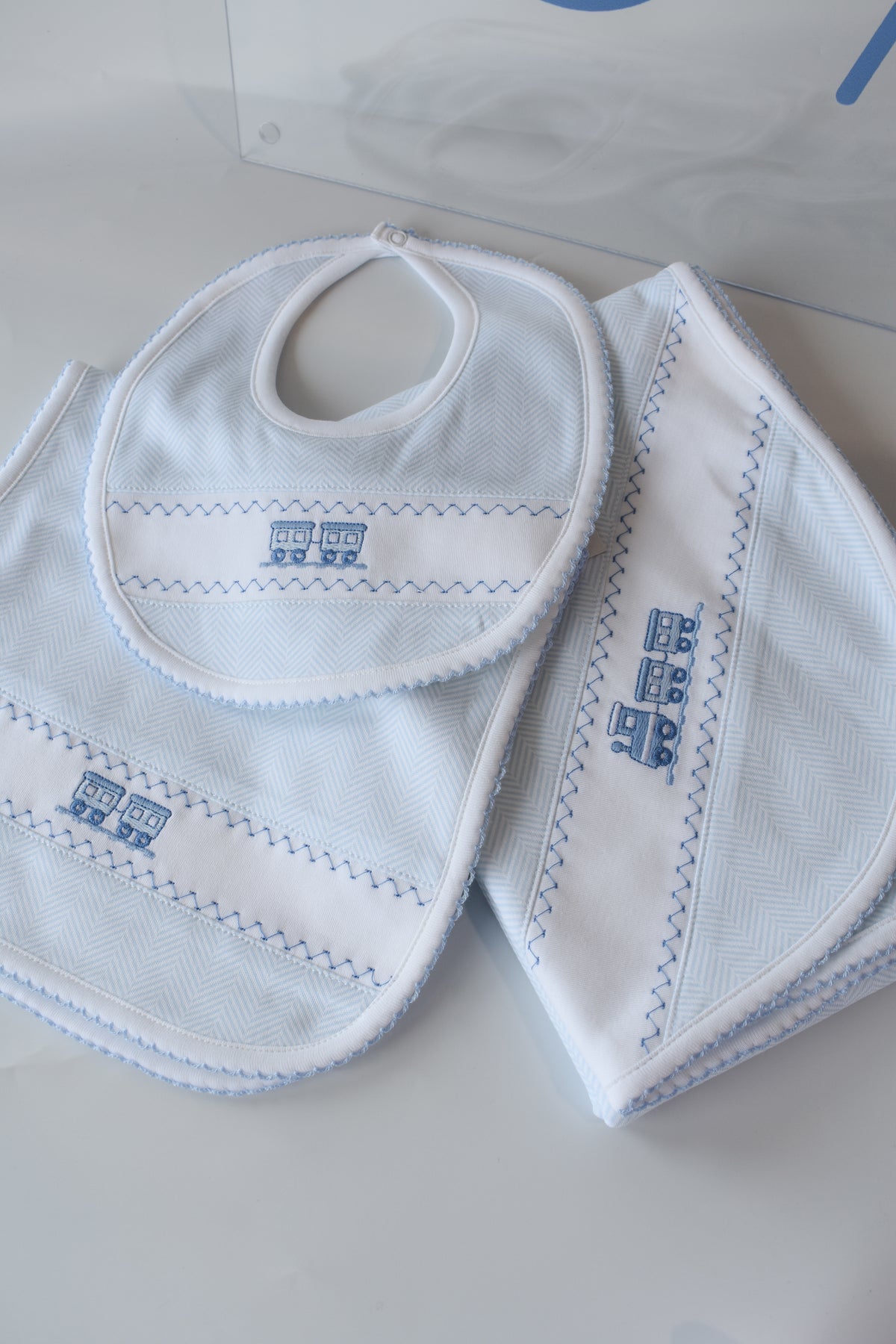 Blue Herringbone Train Embroidered Blanket