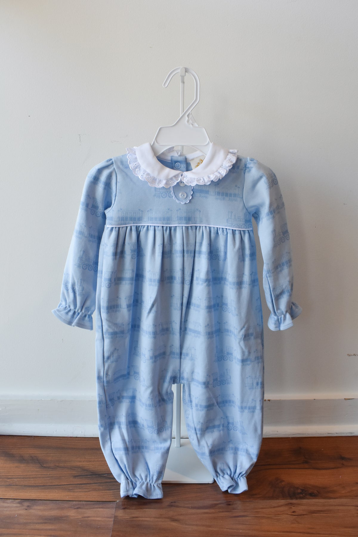 Long Sleeve Mary Dal Knit Romper-Blue Choo Choos