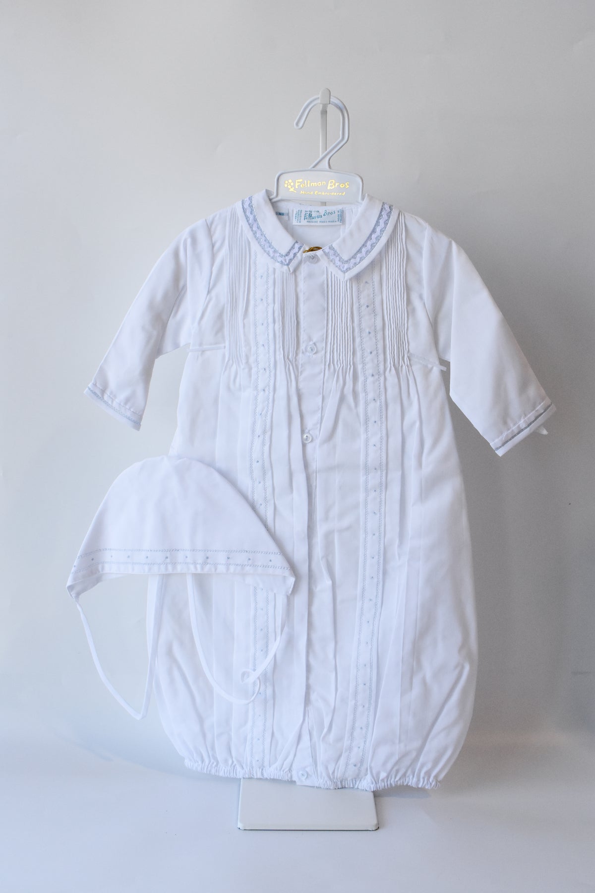 Boy's Pintuck "Take Me Home" Gown/Bonnet Set-White