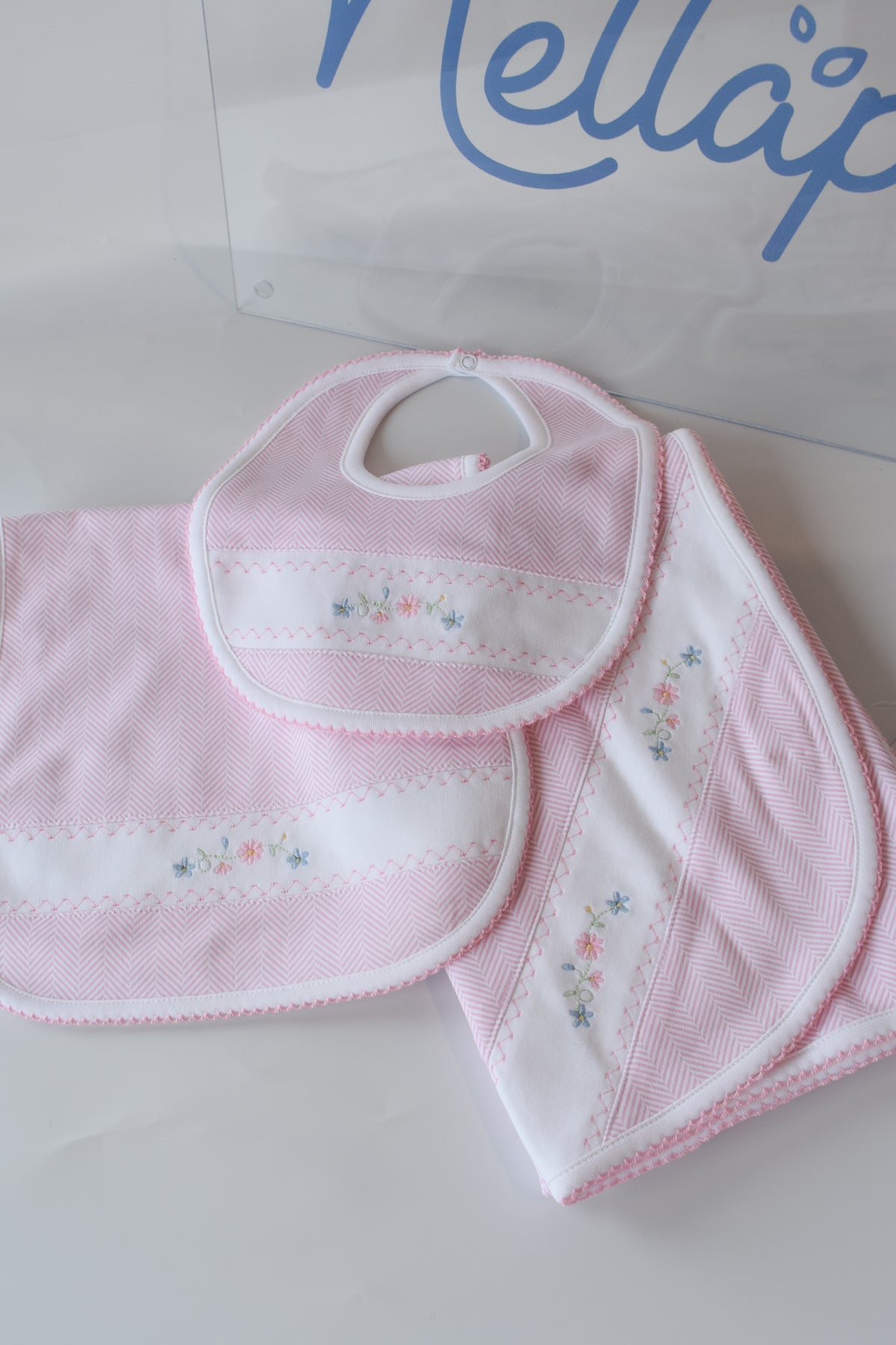 Pink Herringbone Floral Embroidered Bib