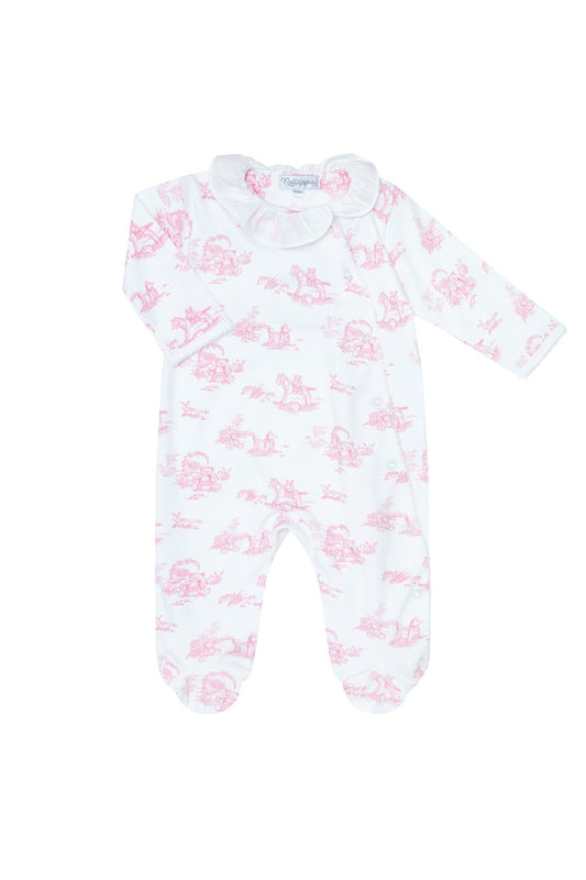 Classic Pink Toile Crossover Ruffled Footie