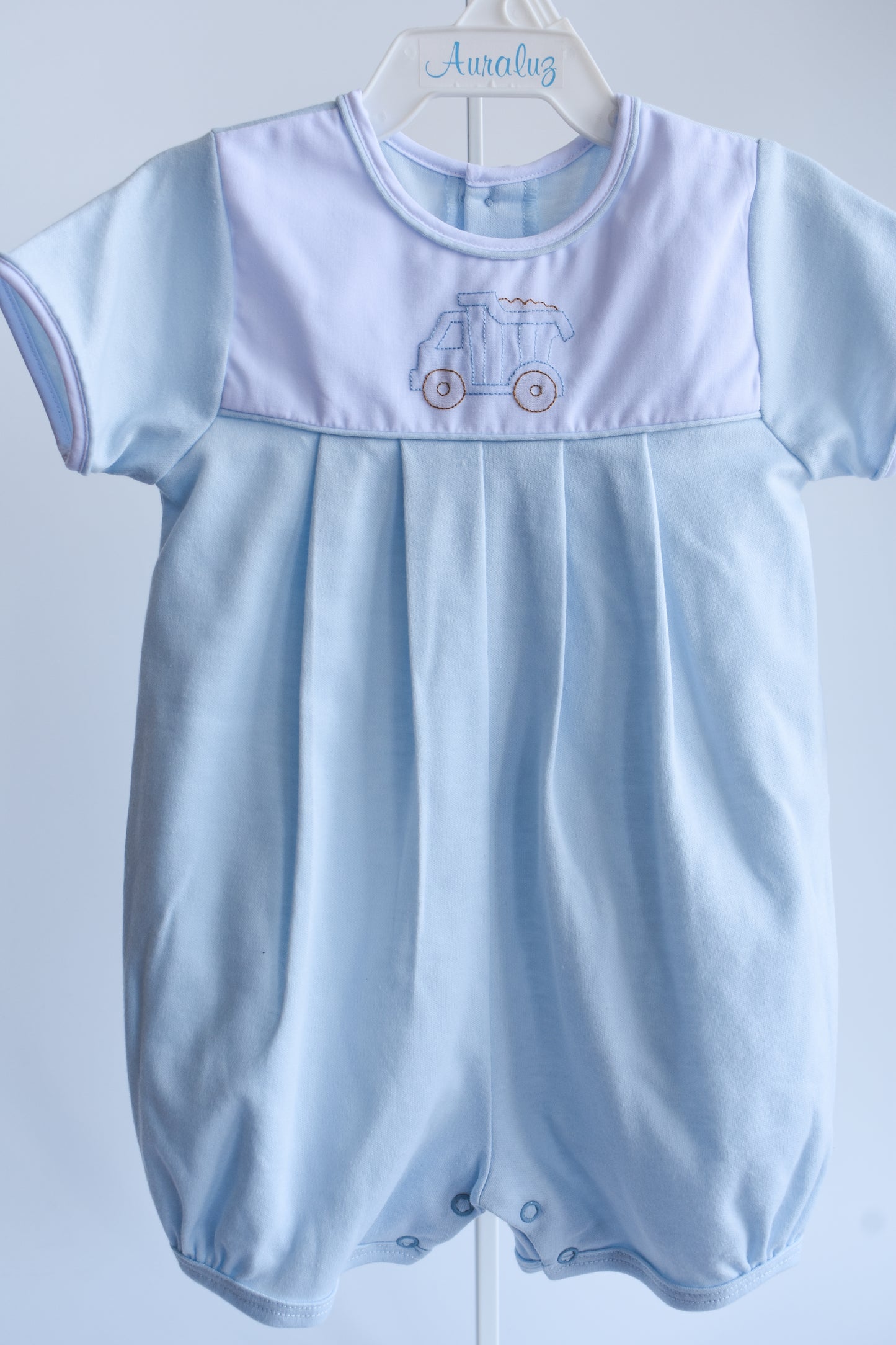 Little Loader Blue Knit Bubbled Romper