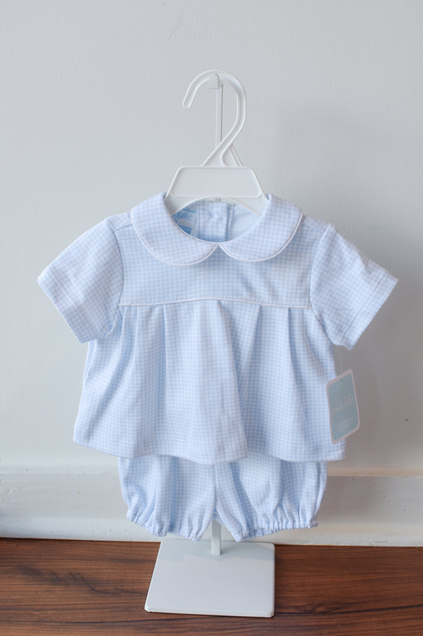 Bebe Blue Gingham Knit Boy Diaper Set