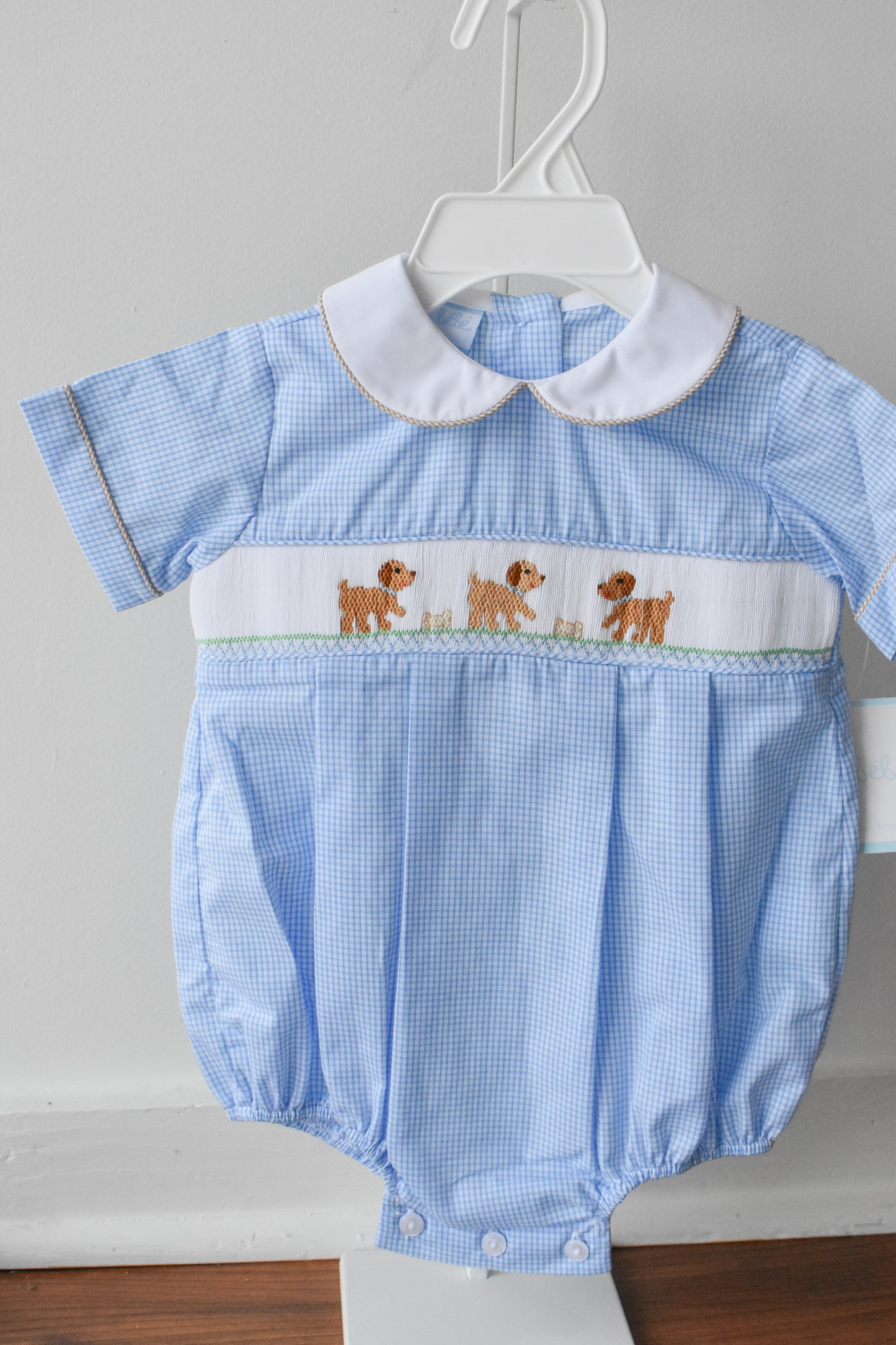 Petit Pups Blue Check Smocked Bubble