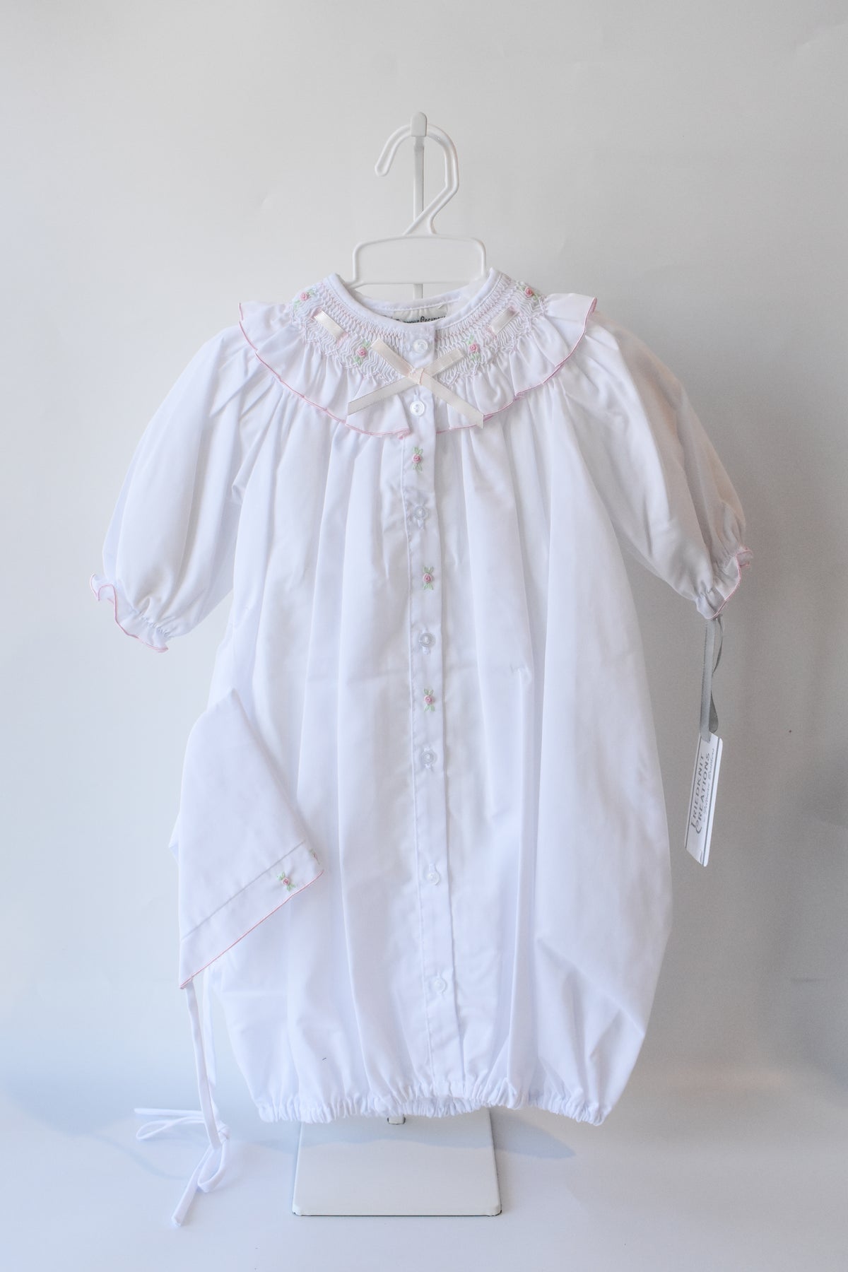 White Ribbon Ruffle Smocked Take Me Home Gown/Bonnet Set