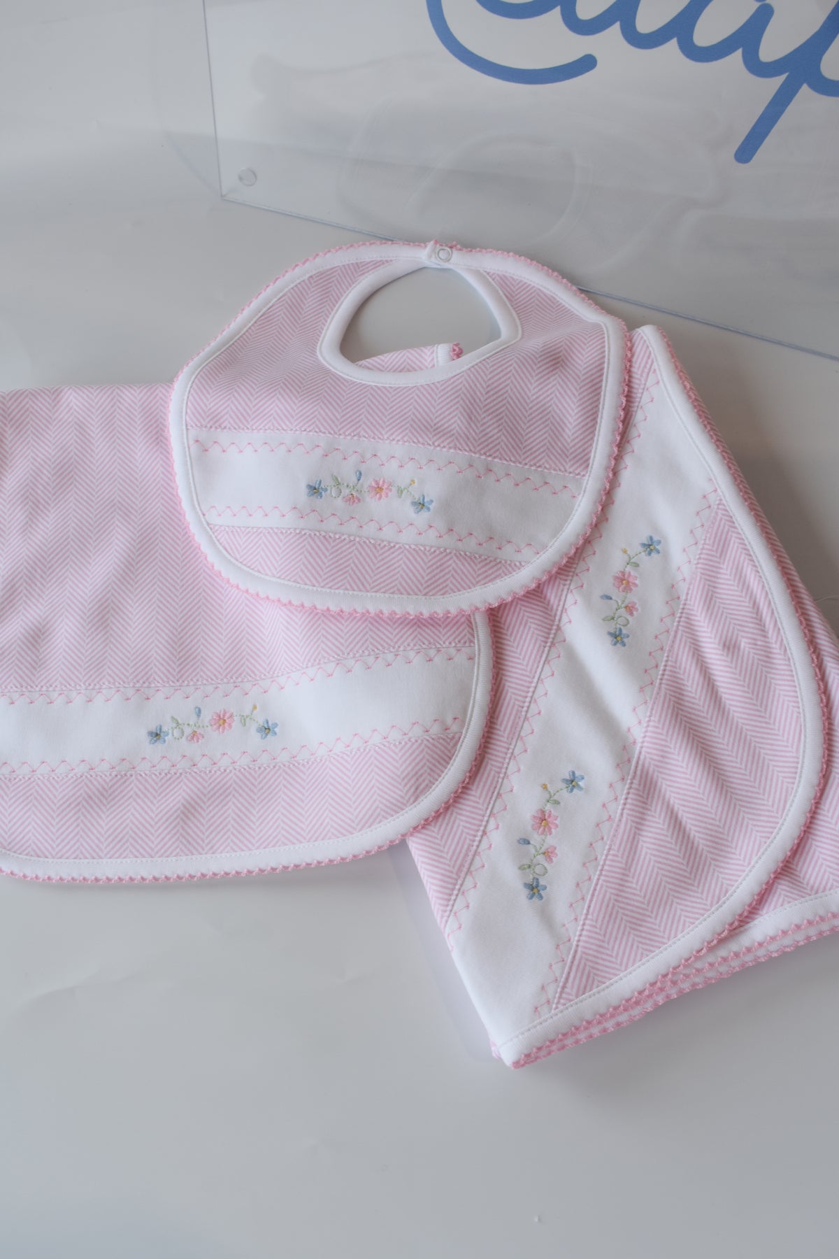 Pink Herringbone Floral Embroidered Bib
