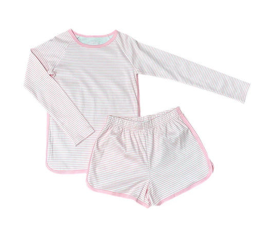 Long Sleeve/Short Lounge Set-Pink Stripe