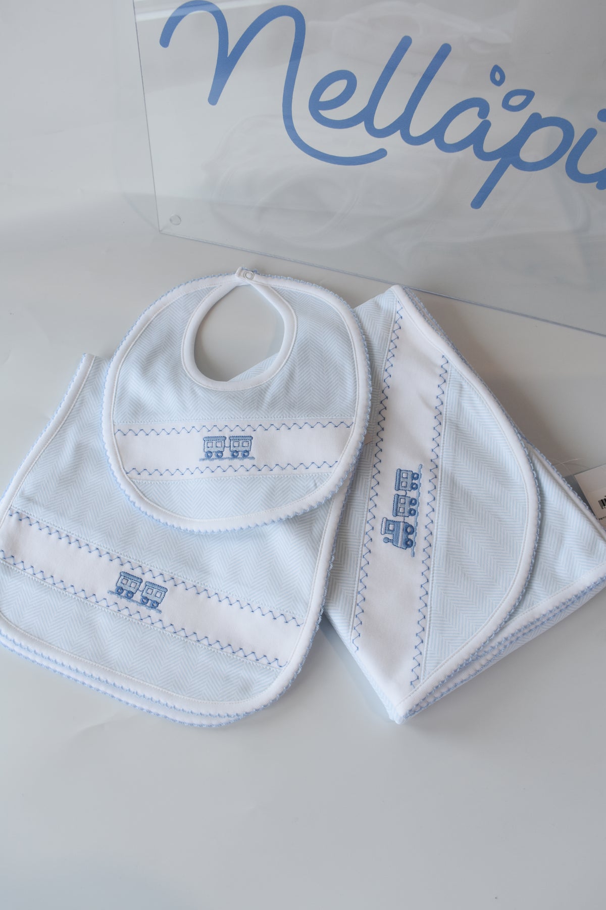 Blue Herringbone Train Embroidered Blanket