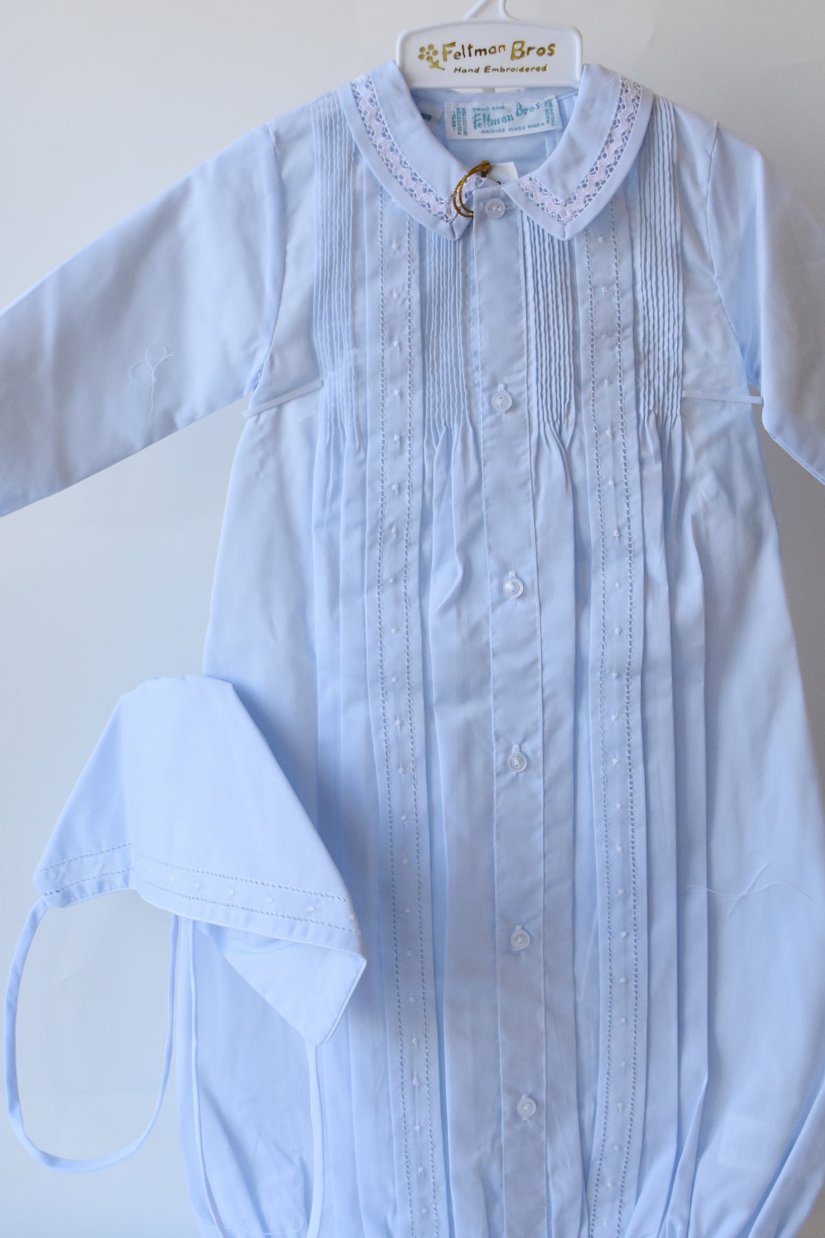 Boy's Pintuck "Take Me Home" Gown/Bonnet Set-Blue