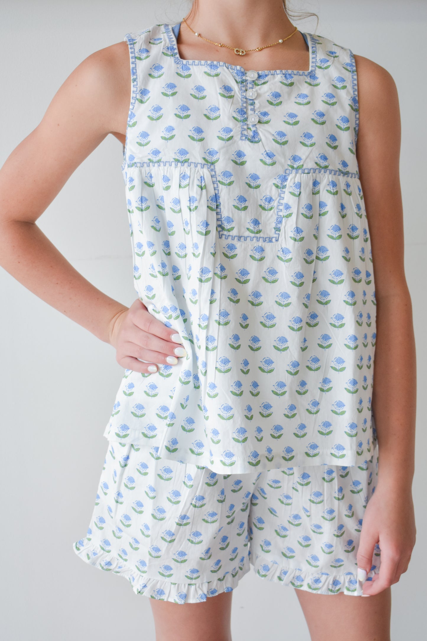 Keystone Top-Blue Tulip Block Print