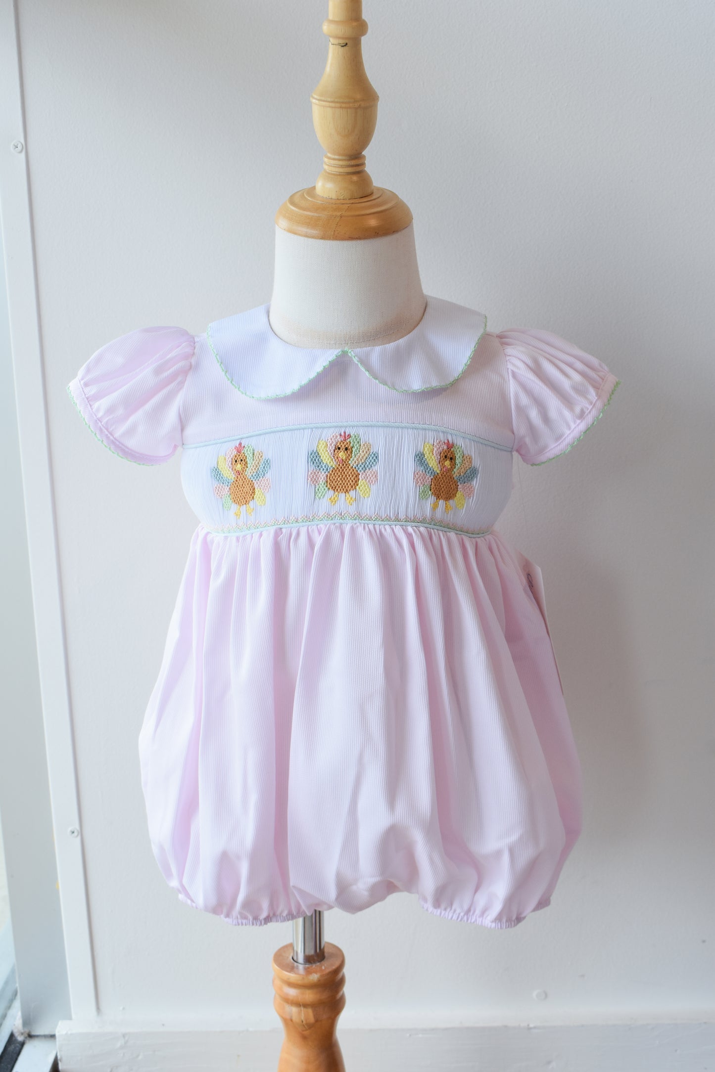 Rosie’s Colorful Turkeys Smocked Collared Bubble