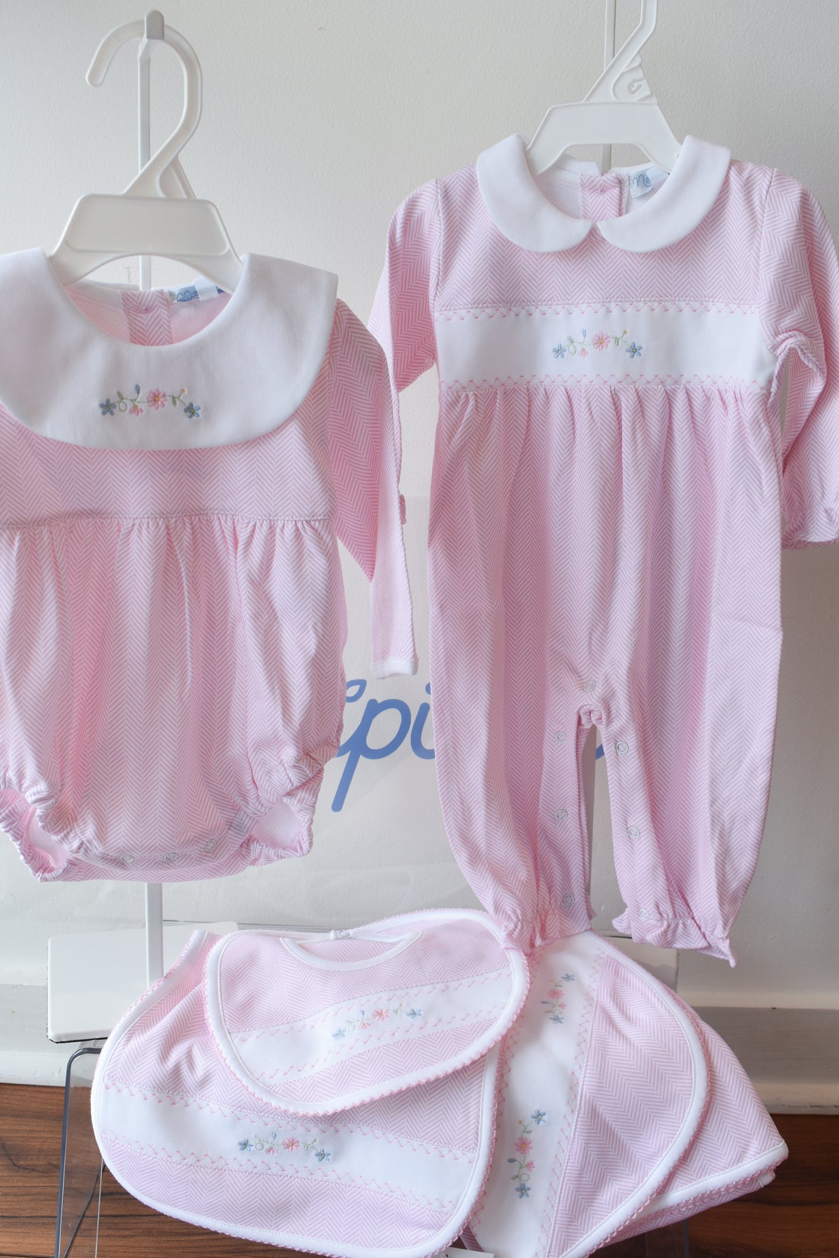 Pink Herringbone Floral Embroidered Bib